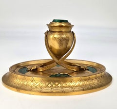 Tintero de escritorio de latón dorado y malaquita, S. XIX, Inglés C1870