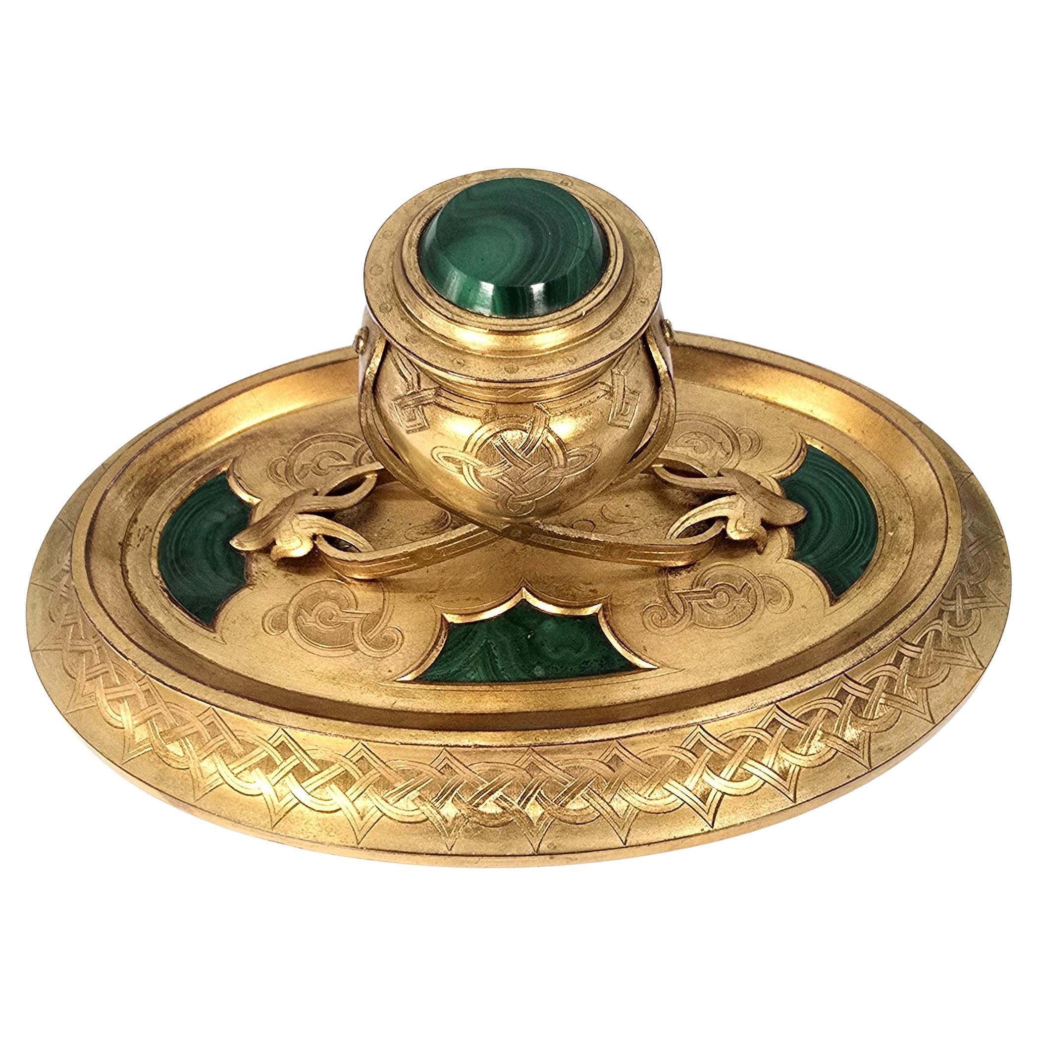 Desk inkstand made from gilt brass and malachite, 19th century, English C1870