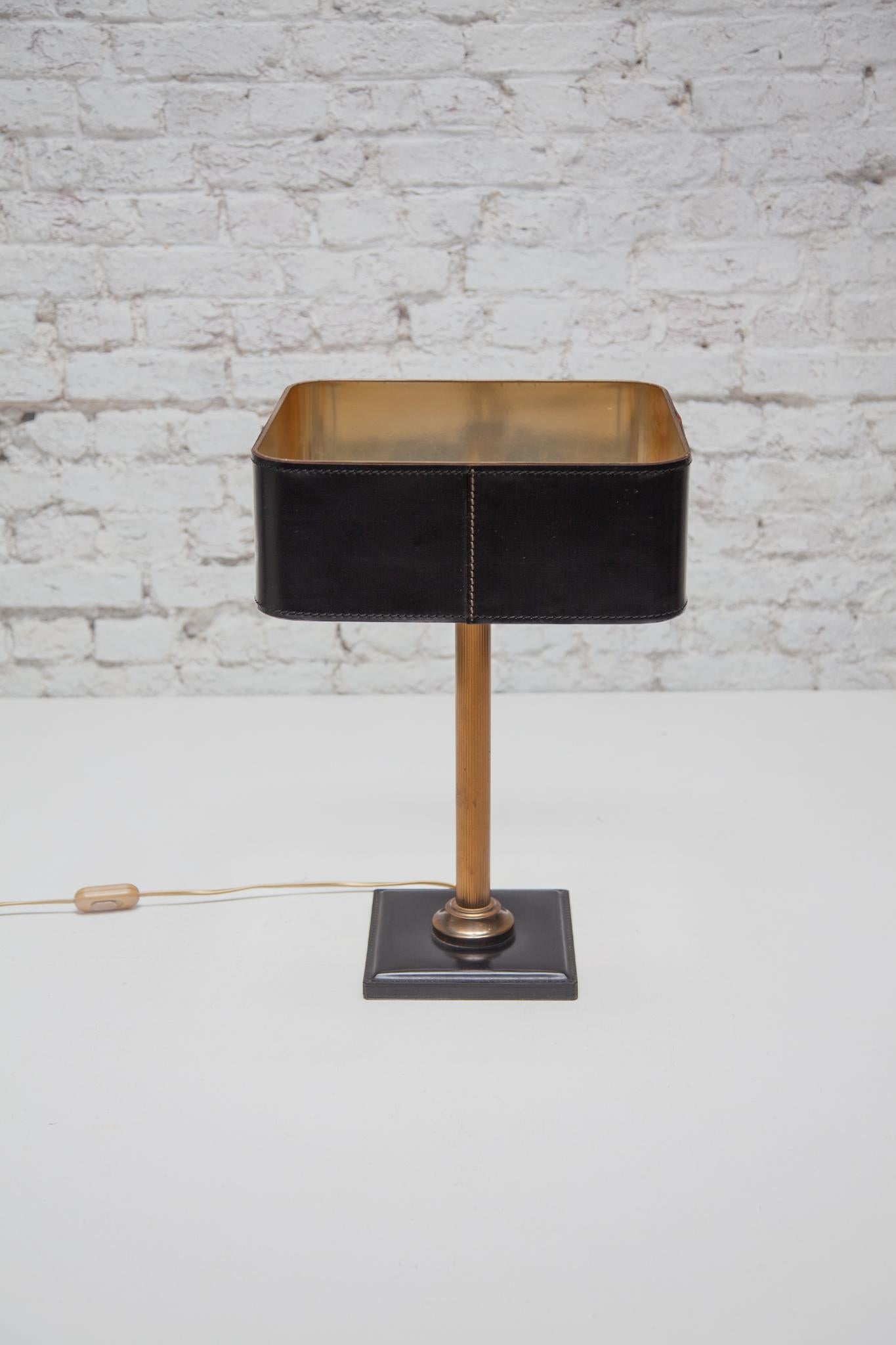 Mid-Century Modern Desk Lamp Black Leather Shade attributed by Jacques Adnet