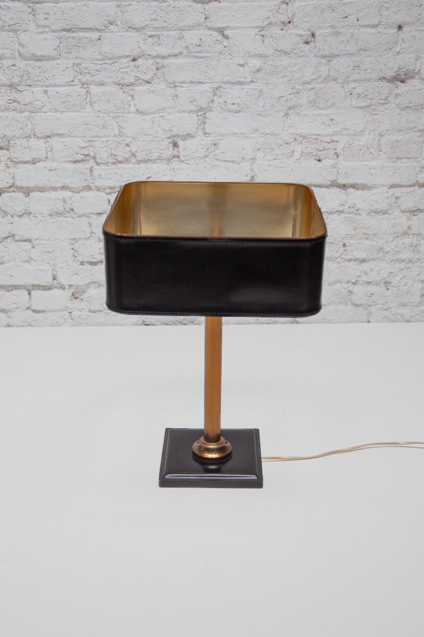 French Desk Lamp Black Leather Shade attributed by Jacques Adnet