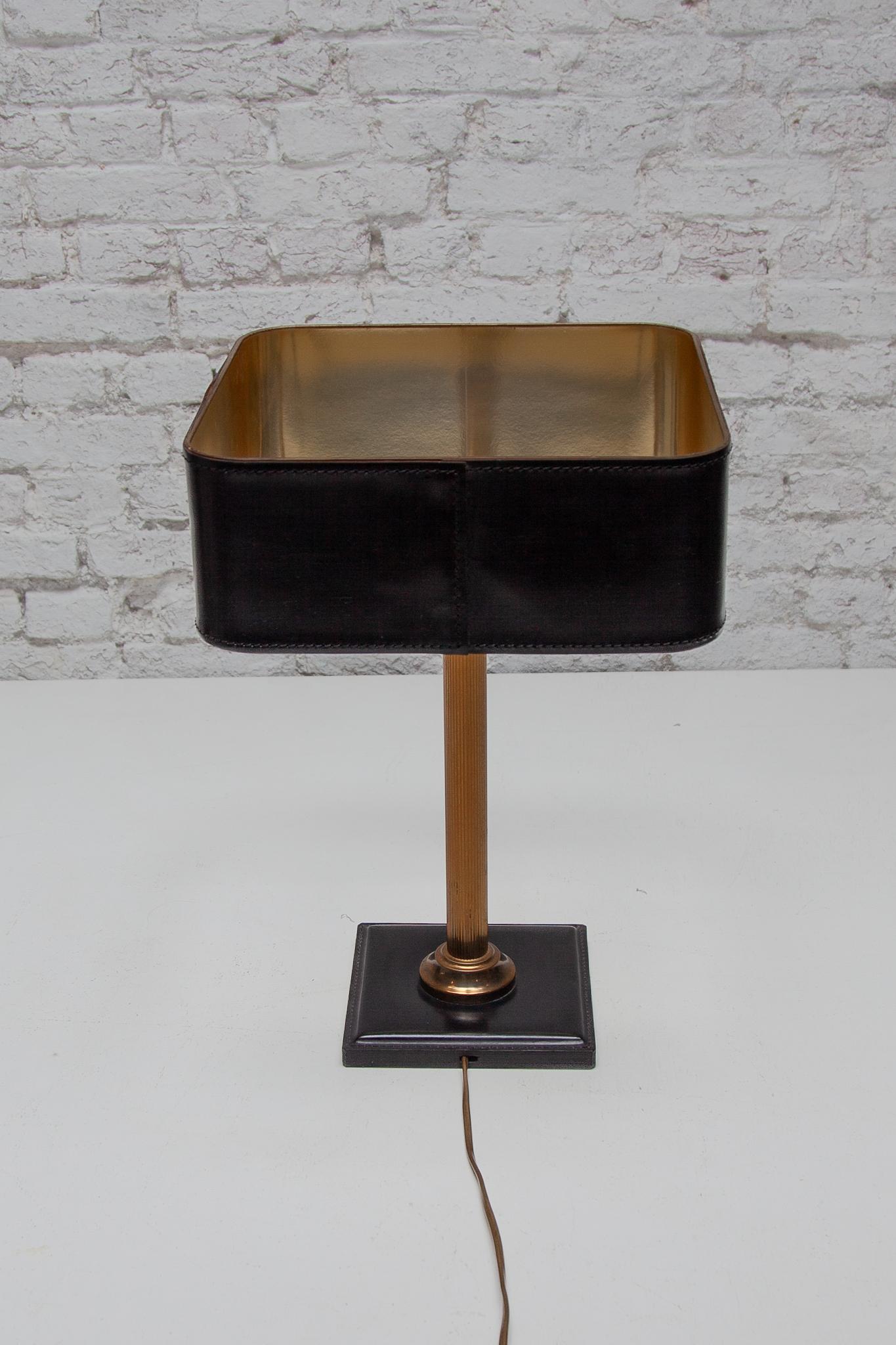 Hand-Crafted Desk Lamp Black Leather Shade attributed by Jacques Adnet