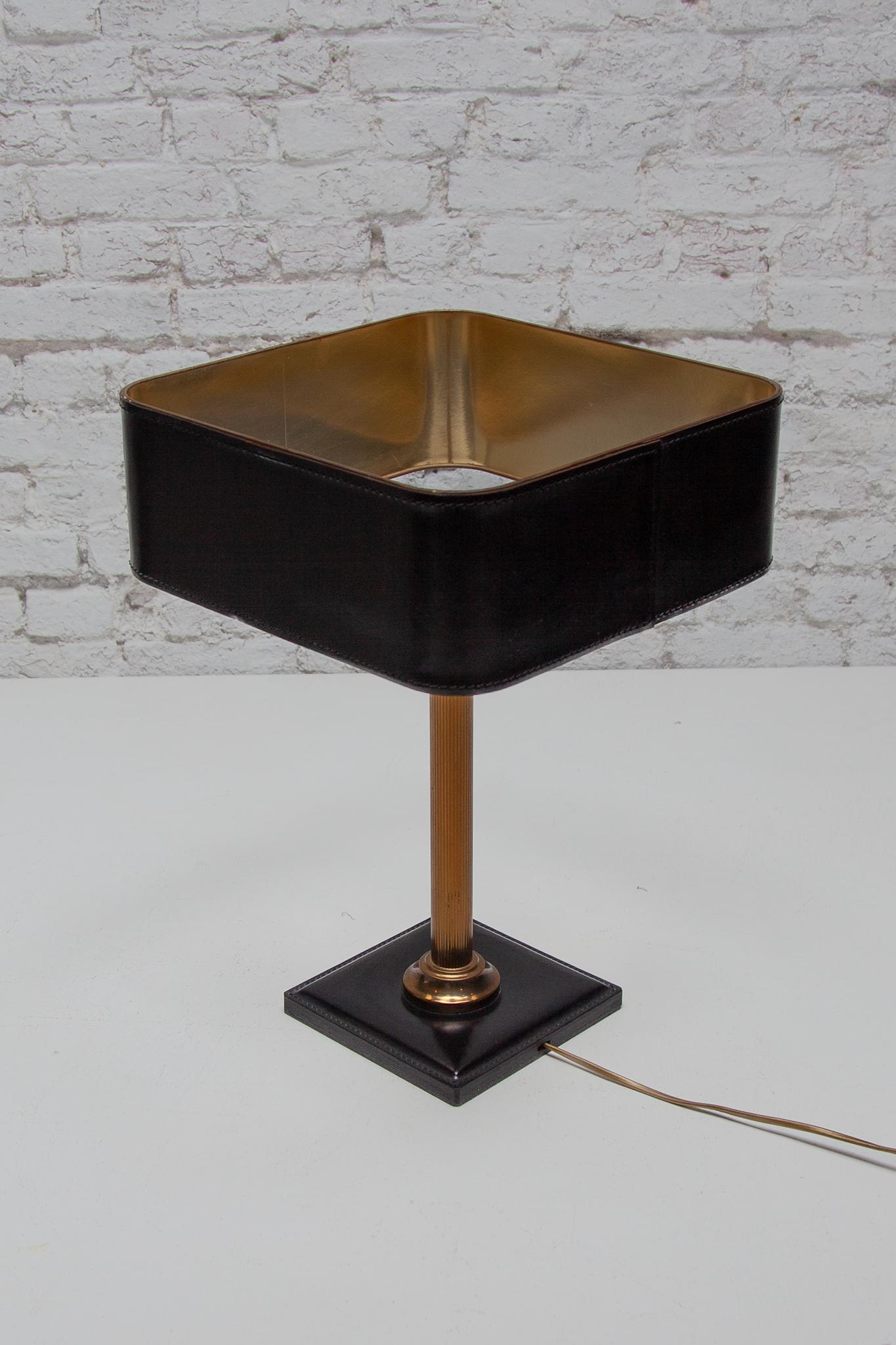 Desk Lamp Black Leather Shade attributed by Jacques Adnet In Good Condition In Antwerp, BE