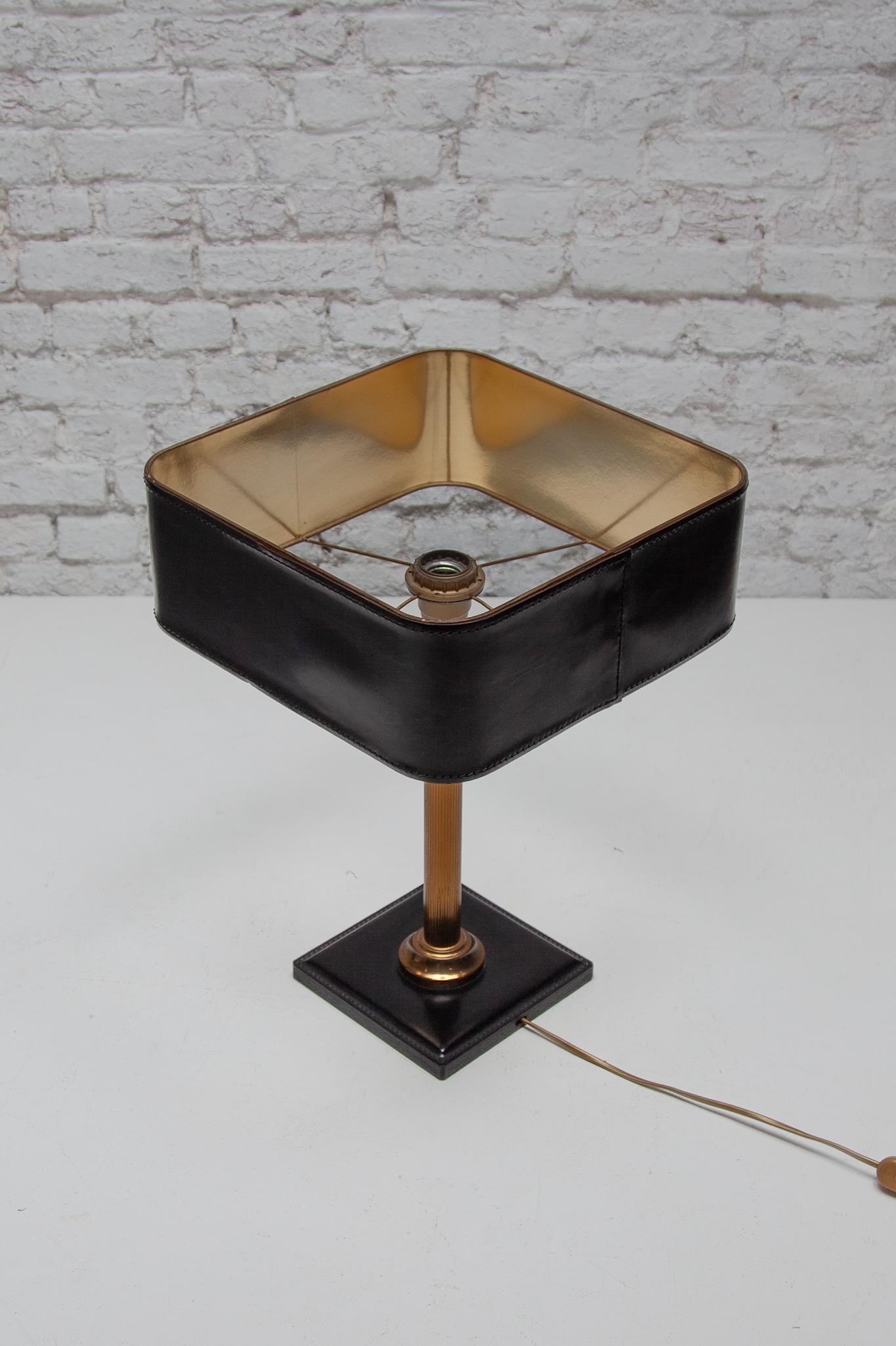 Late 20th Century Desk Lamp Black Leather Shade attributed by Jacques Adnet