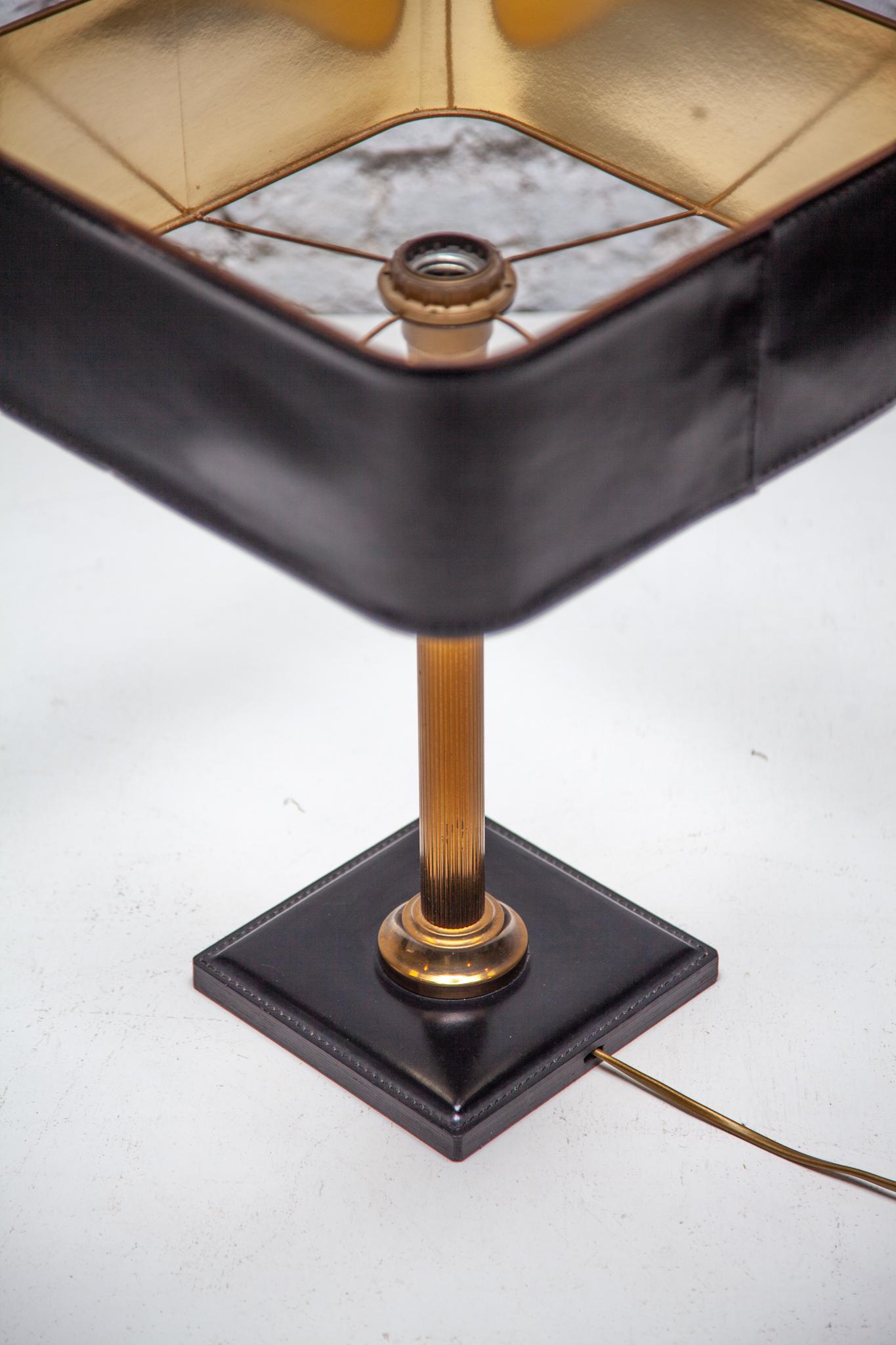 Brass Desk Lamp Black Leather Shade attributed by Jacques Adnet