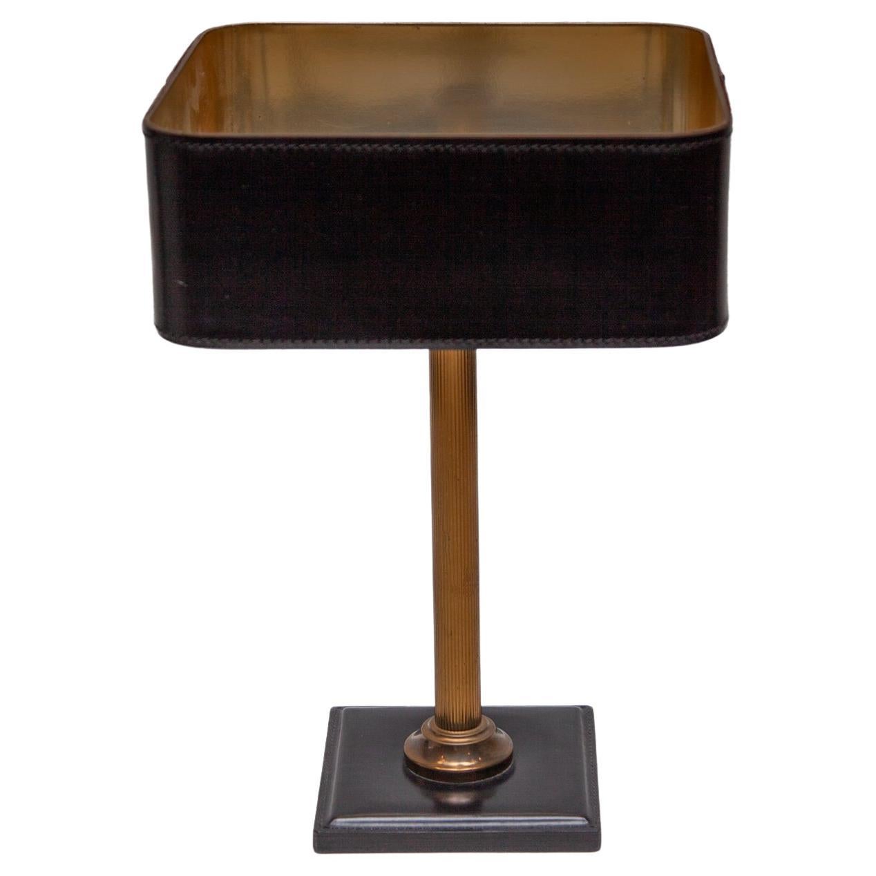 Desk Lamp Black Leather Shade attributed by Jacques Adnet