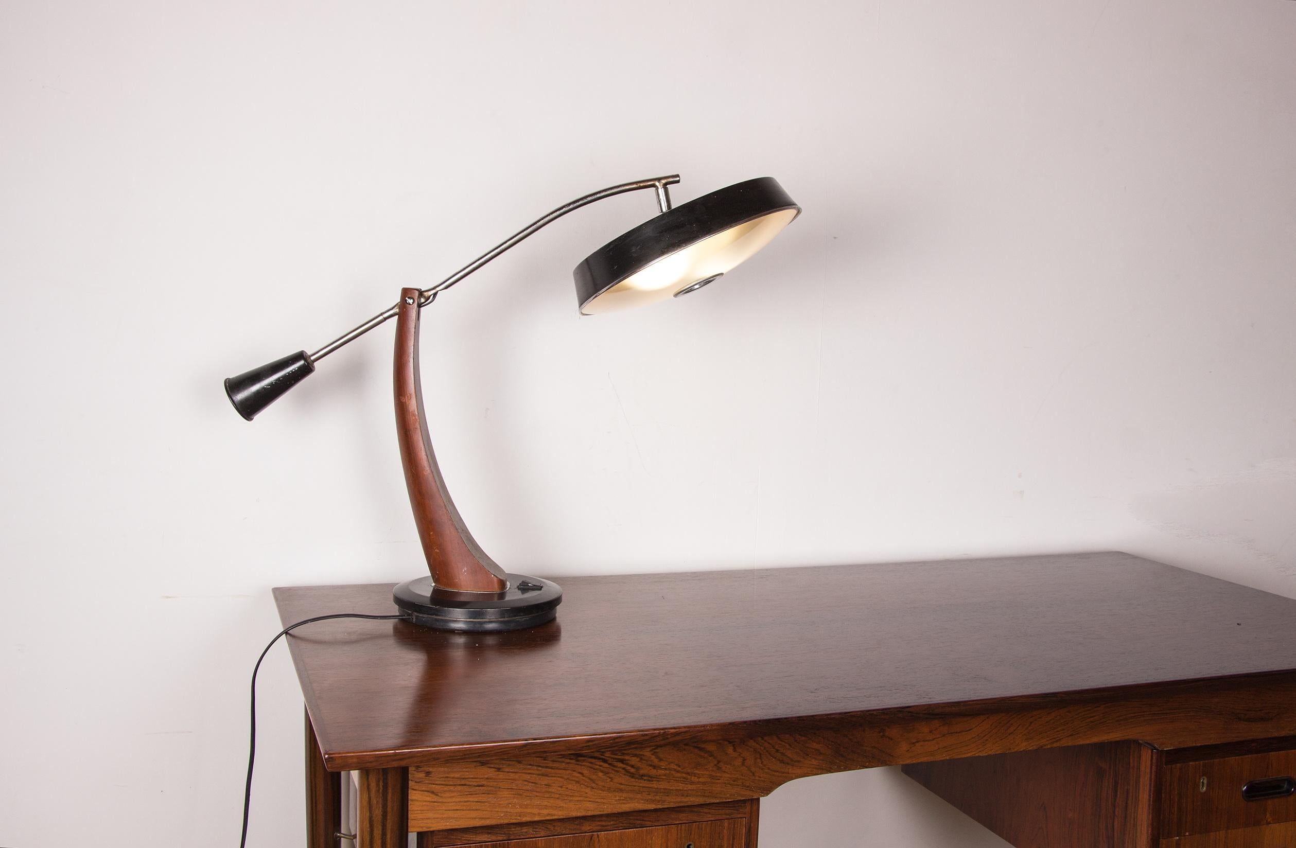 Mid-20th Century Desk lamp in Teak and black lacquered metal President Model by Fase 1960. For Sale
