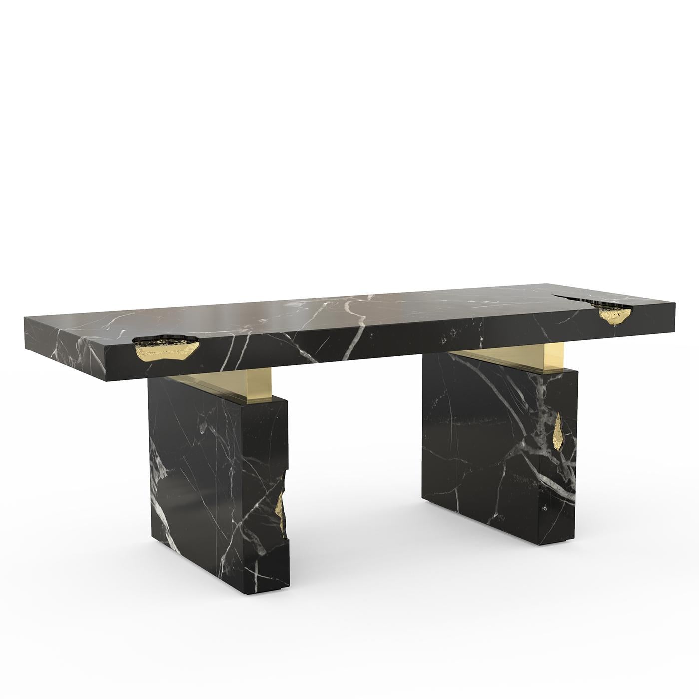 Desk Majestic black with 2 bases and top in solid
polished black Marquina marble with solid brass 
details in gold finish.