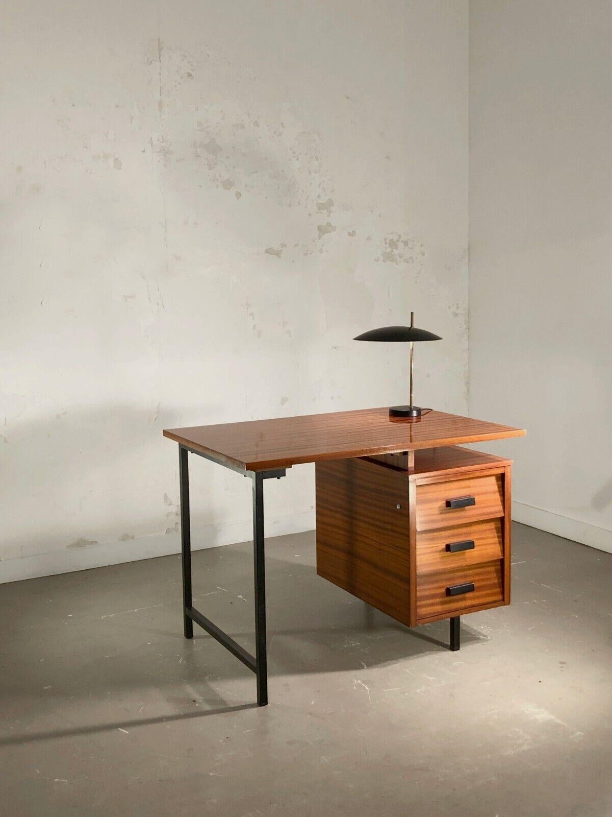 A rigorous and luxurious small desk, Modernist, Constructivist, Reconstruction, black lacquered square section metal structures, box with 3 drawers (and 1 drawer top) and 1 large lacquered mahogany veneer top, model CM 172 by Pierre Paulin, Thonet
