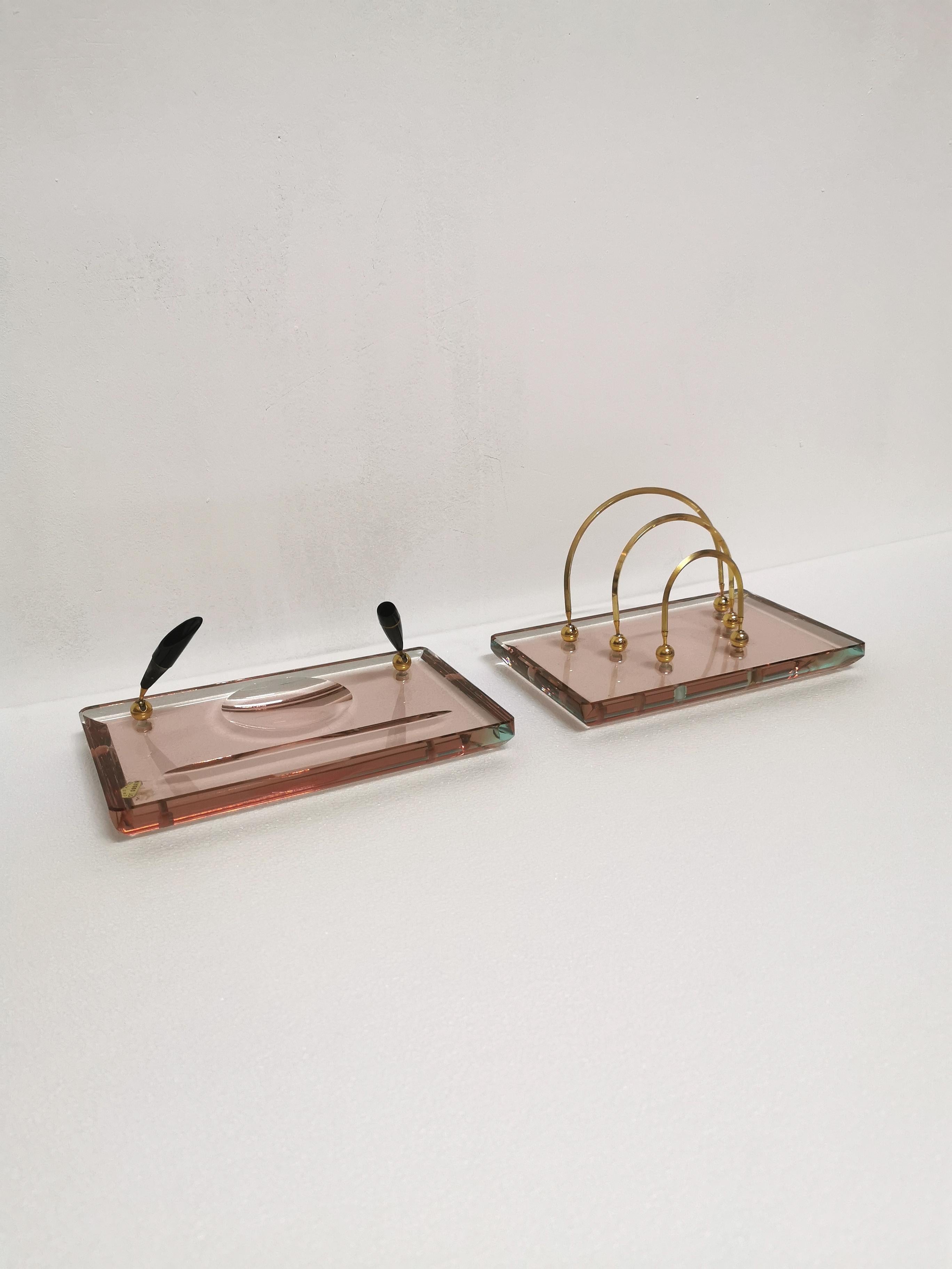 French Desk Pen Holder Paper Divider Murano Crystal Glass Brass Saint Gobain Set of 2 For Sale