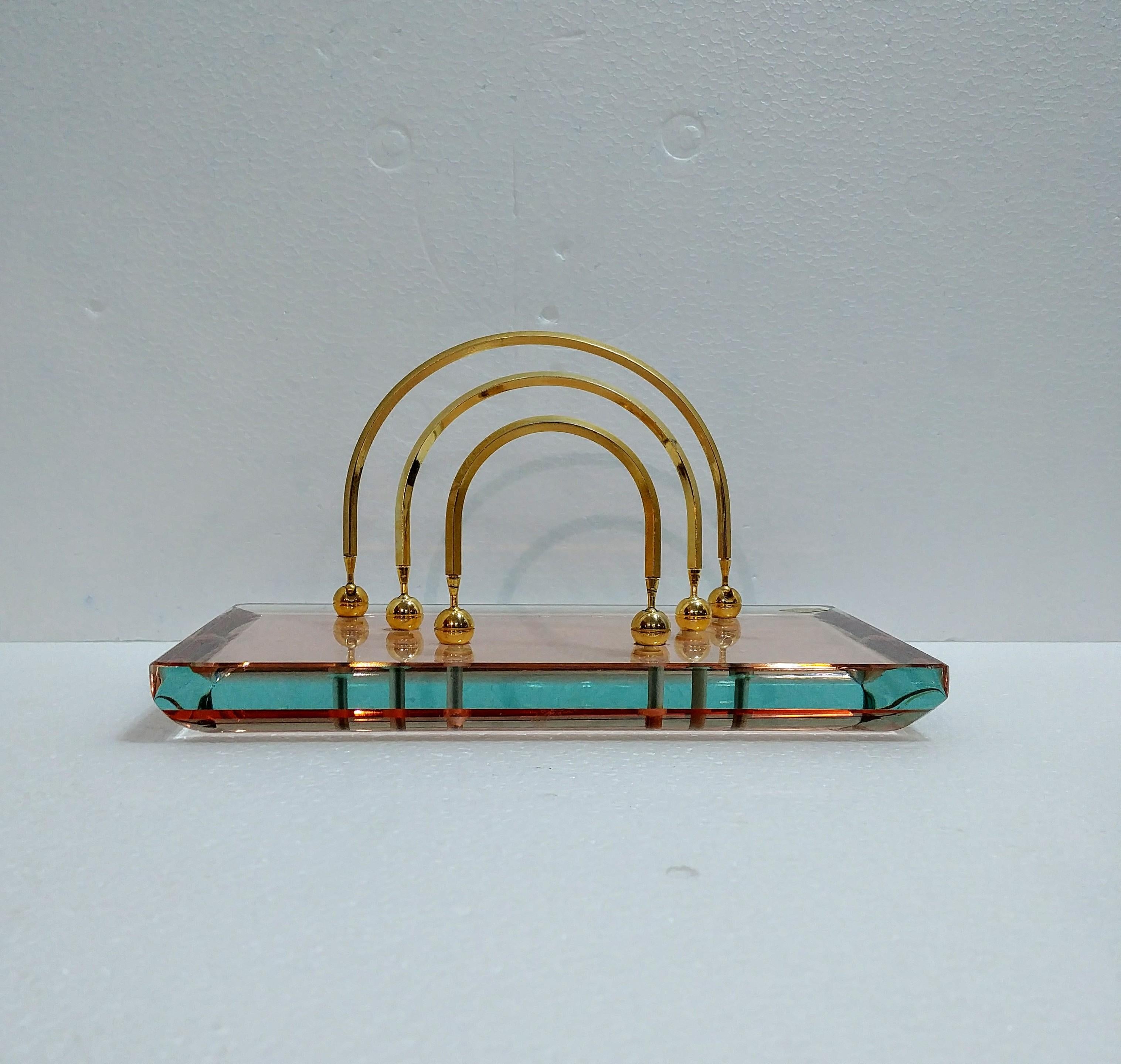 20th Century Desk Pen Holder Paper Divider Murano Crystal Glass Brass Saint Gobain Set of 2 For Sale