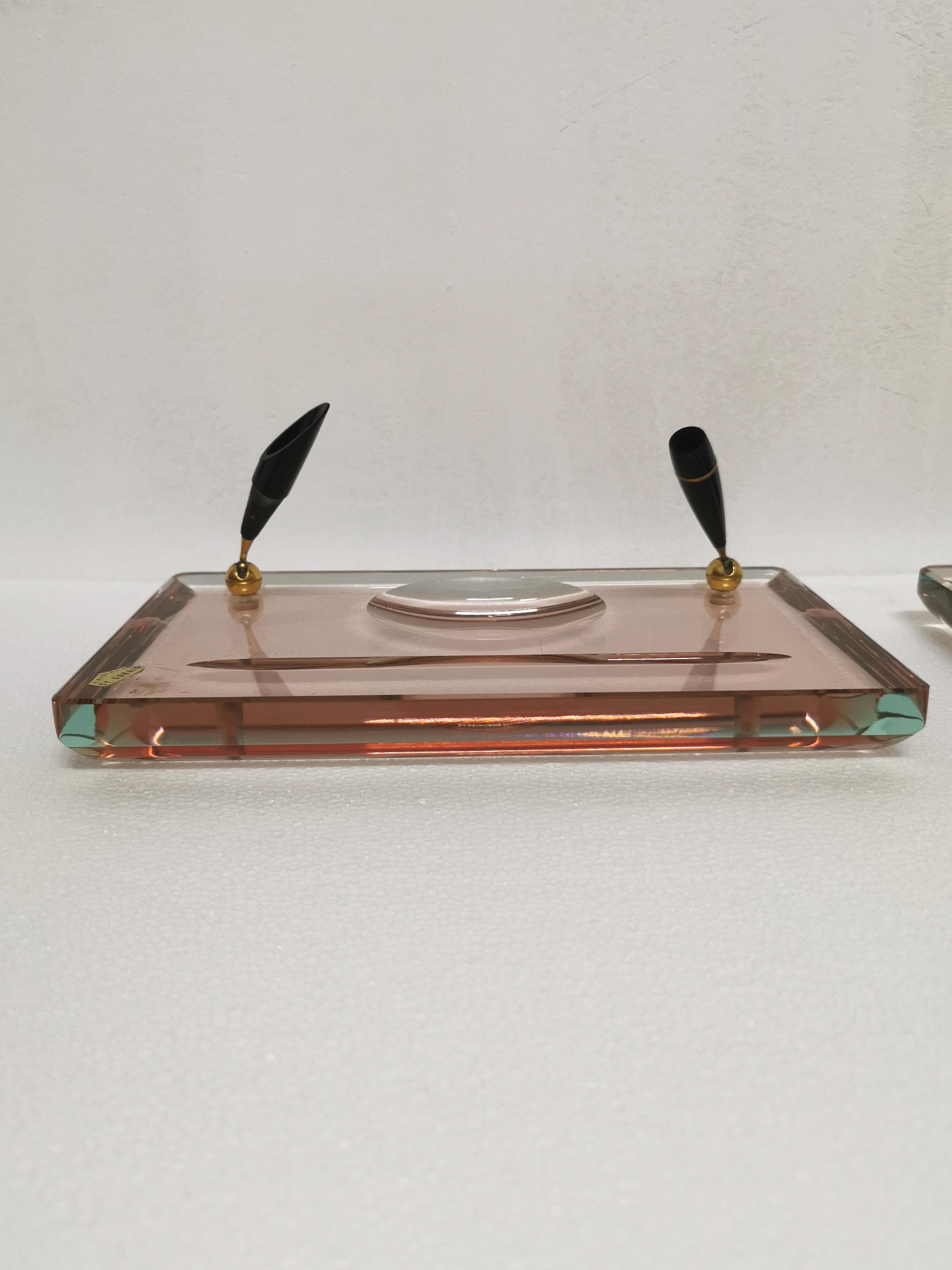 Desk Pen Holder Paper Divider Murano Crystal Glass Brass Saint Gobain Set of 2 For Sale 2