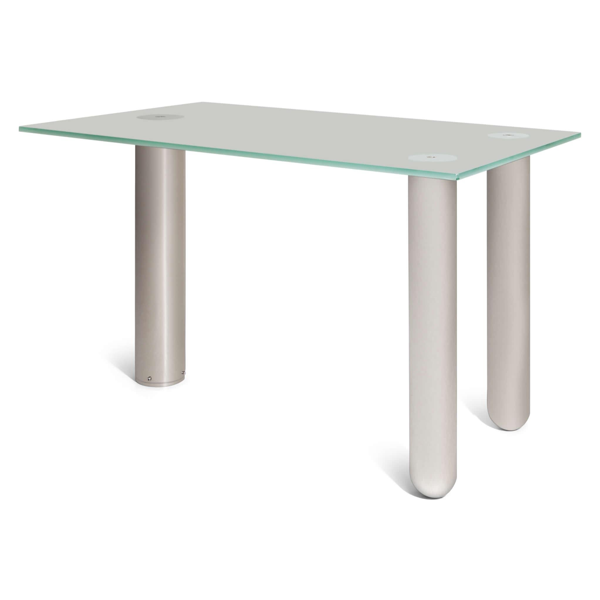 Desk, standing on three cylindrical chromed metal legs with a rectangular tabletop out of opaque glass.