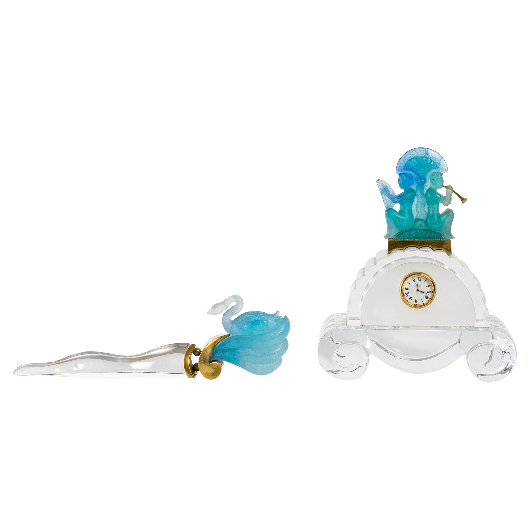 Desk Set by Daum with Paper Cutter and a Desk Clock