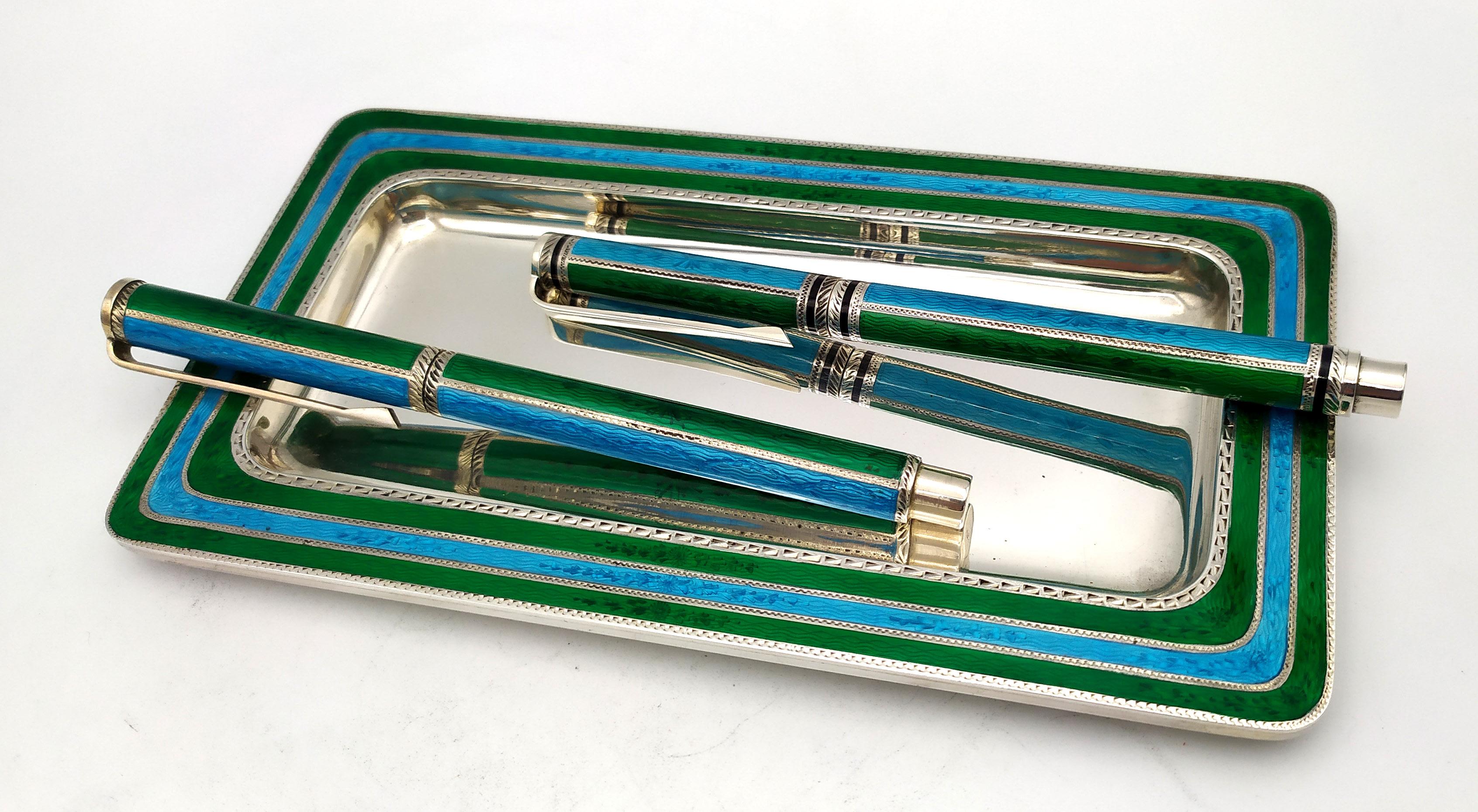 Late 20th Century Desk Set stripes enamel Fountain pen, Ballpoint pen and Tray.Salimbeni 