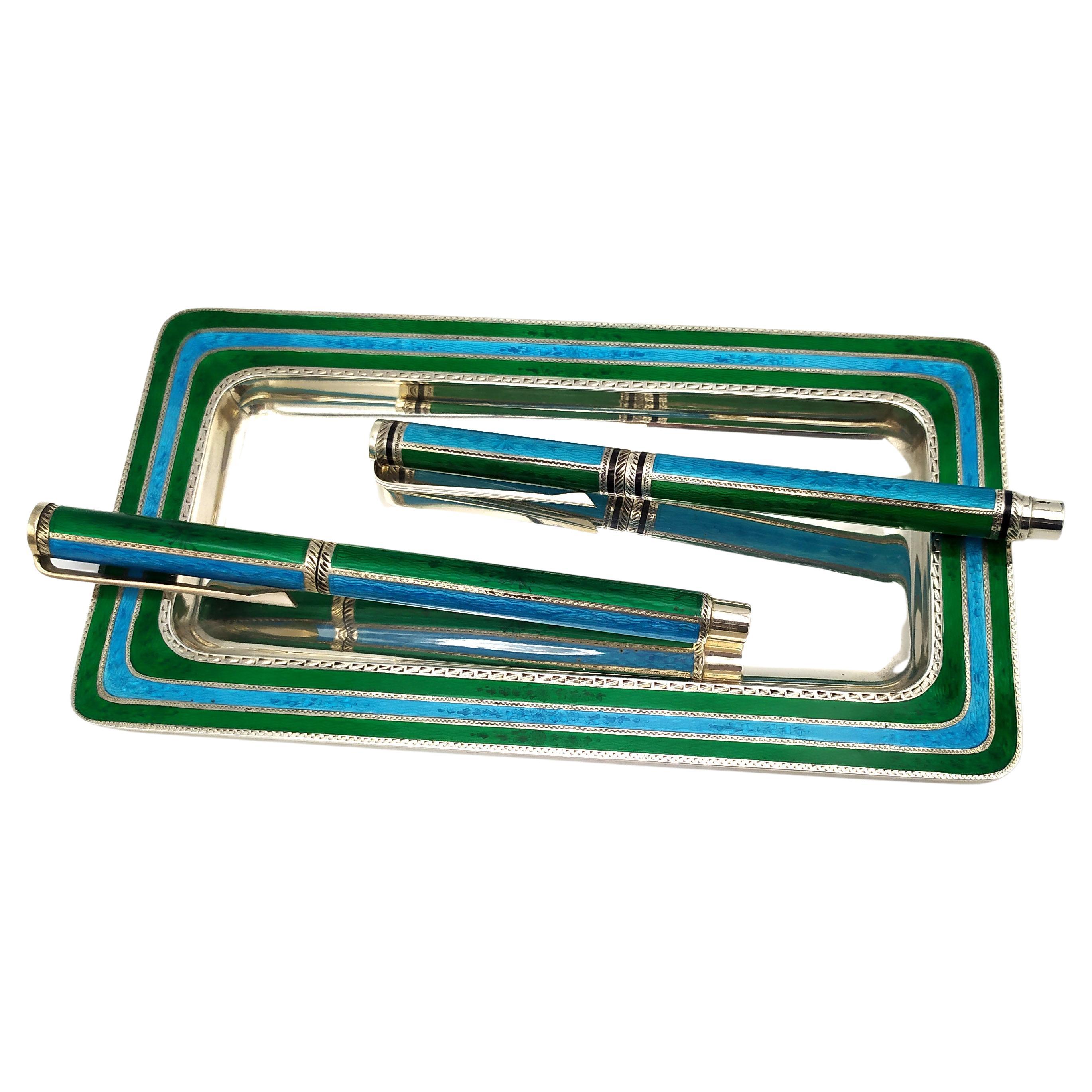 Desk Set stripes enamel Fountain pen, Ballpoint pen and Tray.Salimbeni 