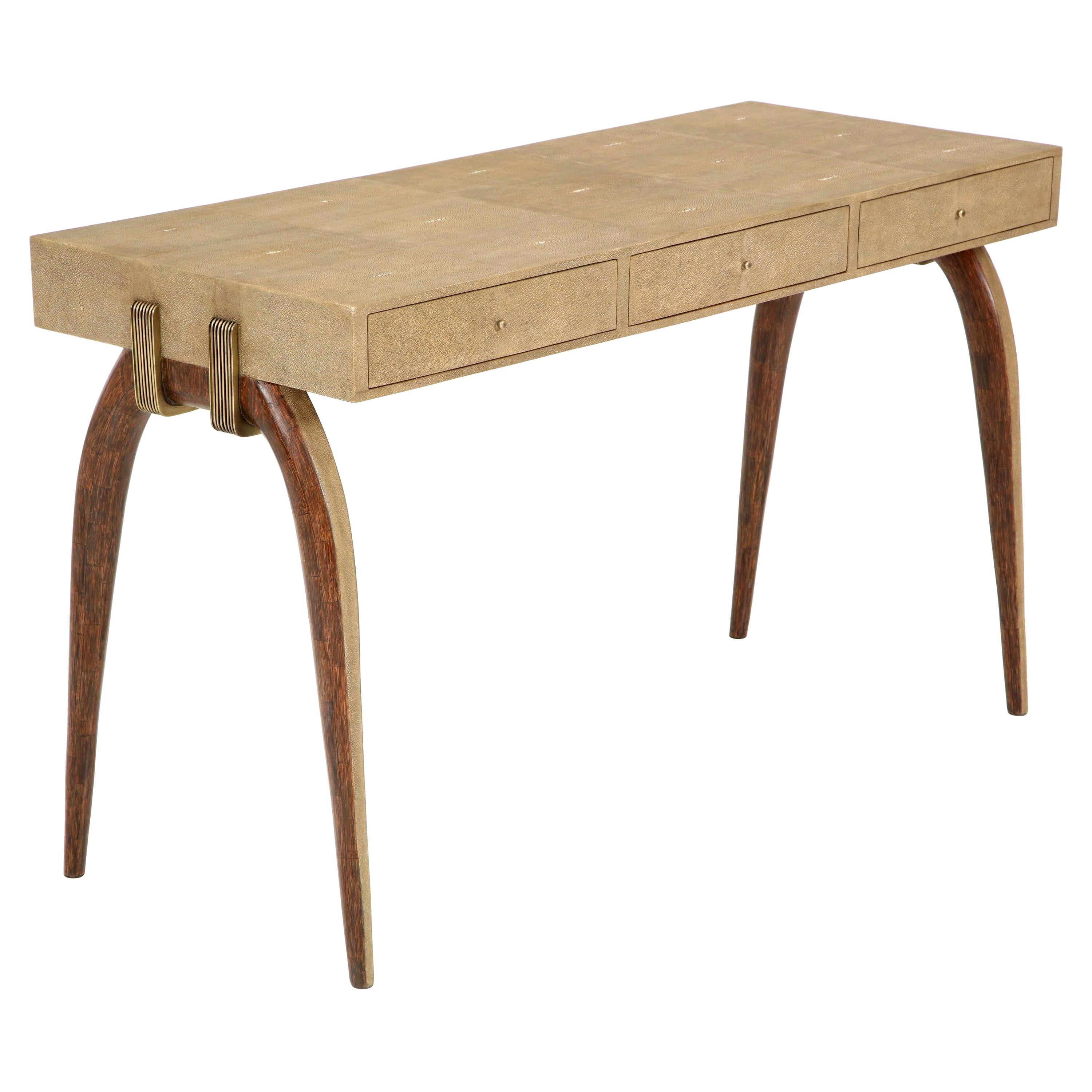 Desk, Shagreen with Brass and Palm Wood Details, Contemporary, Khaki Color