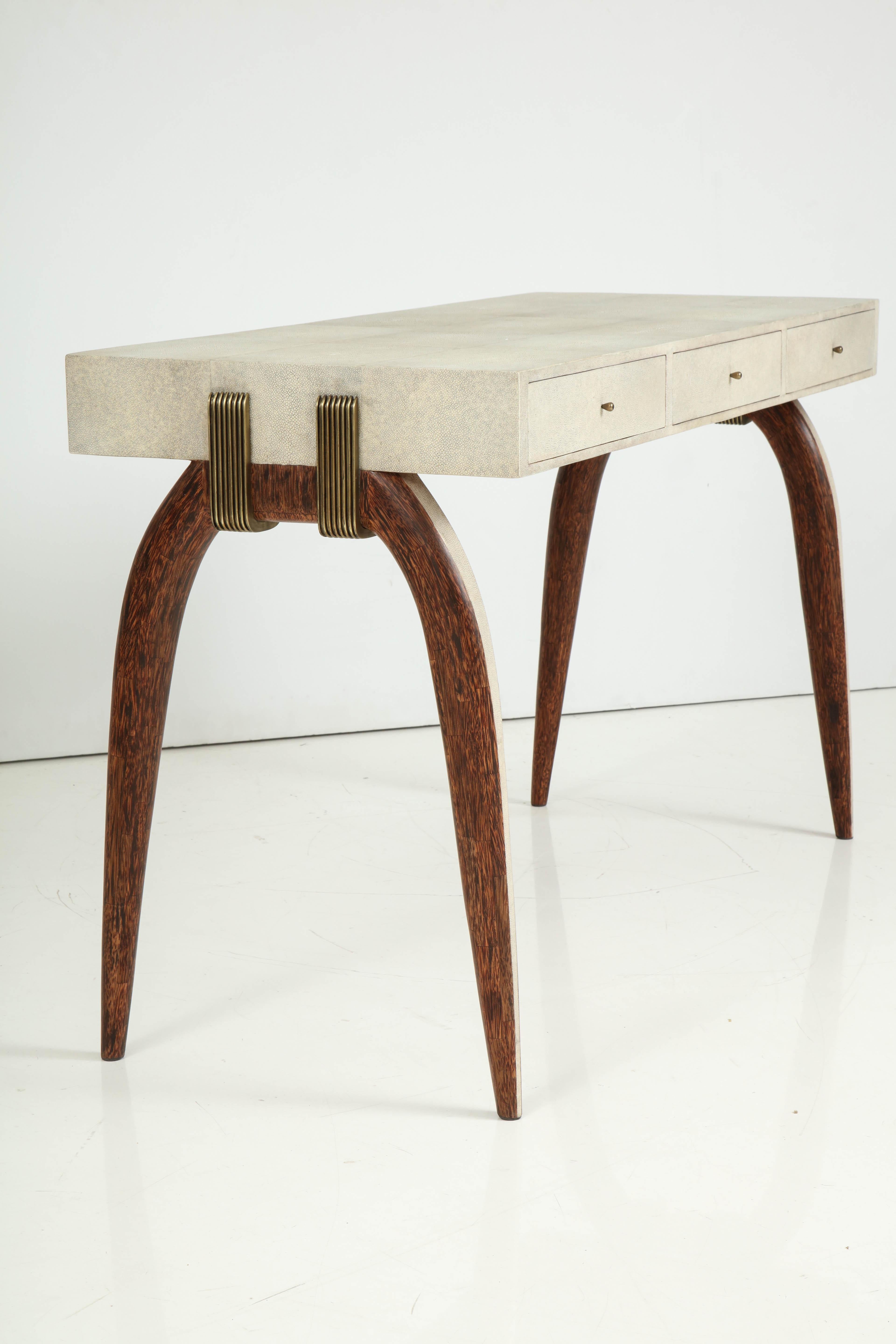 Philippine Desk, Shagreen with Brass and Palm Wood Details, Contemporary, Three Drawers