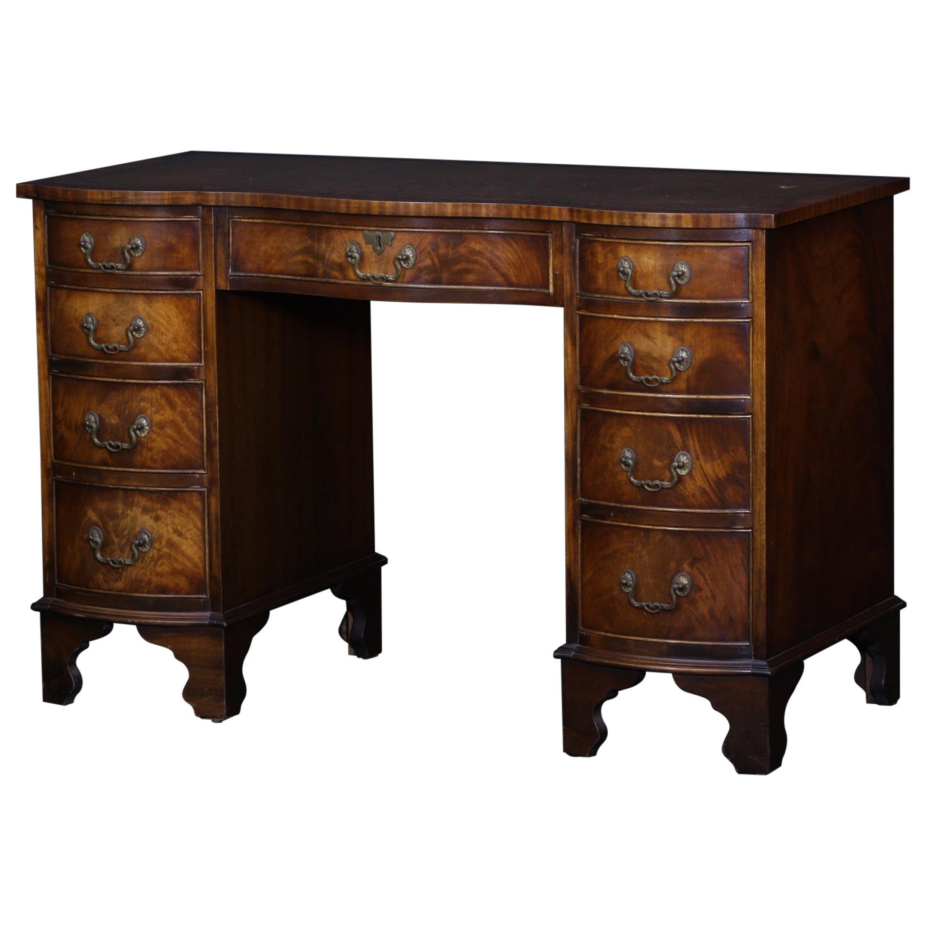 Desk , Small English Knee Hole Desk with Tooled Leather Top, Serpentine Front For Sale