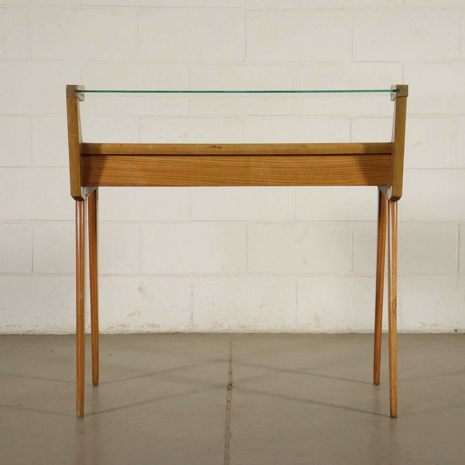 Desk Solid Beech Ash Veneer Back-Treated Clear Glass, Italy, 1950s 10