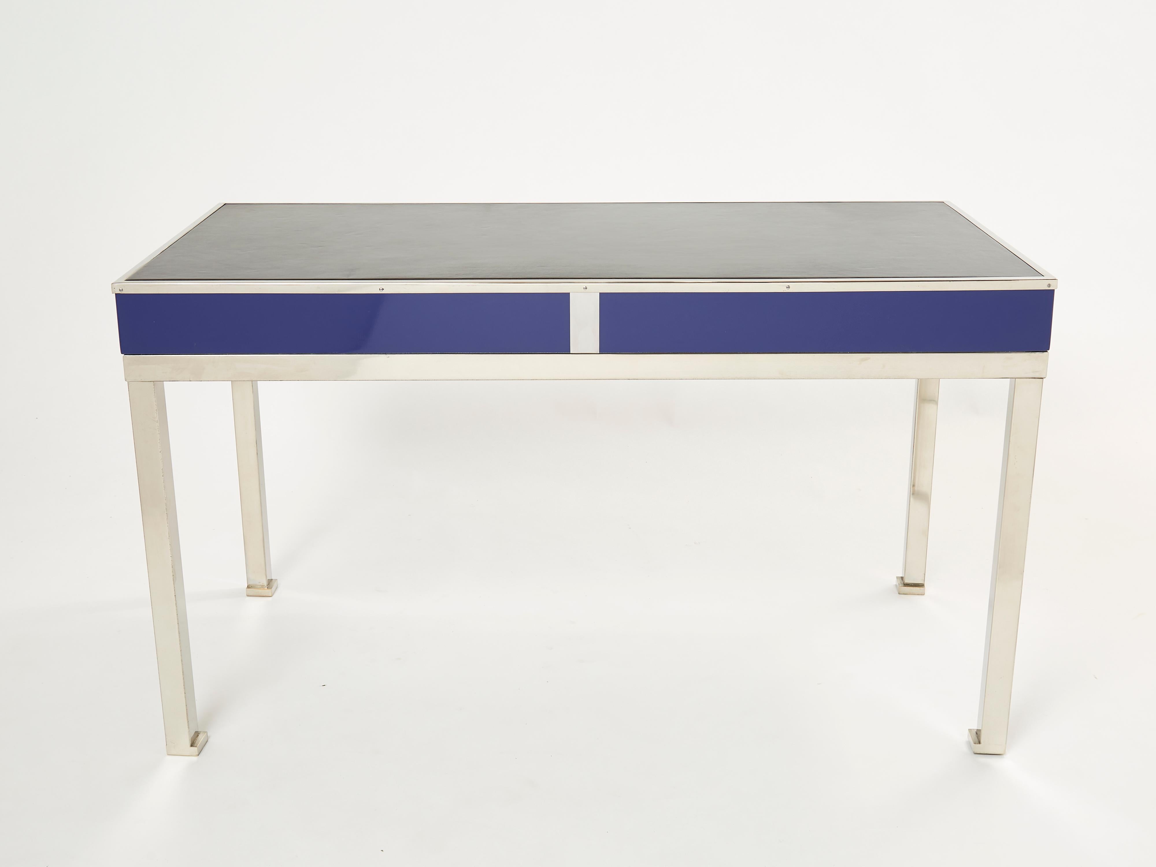 Desk Table Guy Lefevre Maison Jansen Blue Lacquer Steel Leather Top, 1970s 4