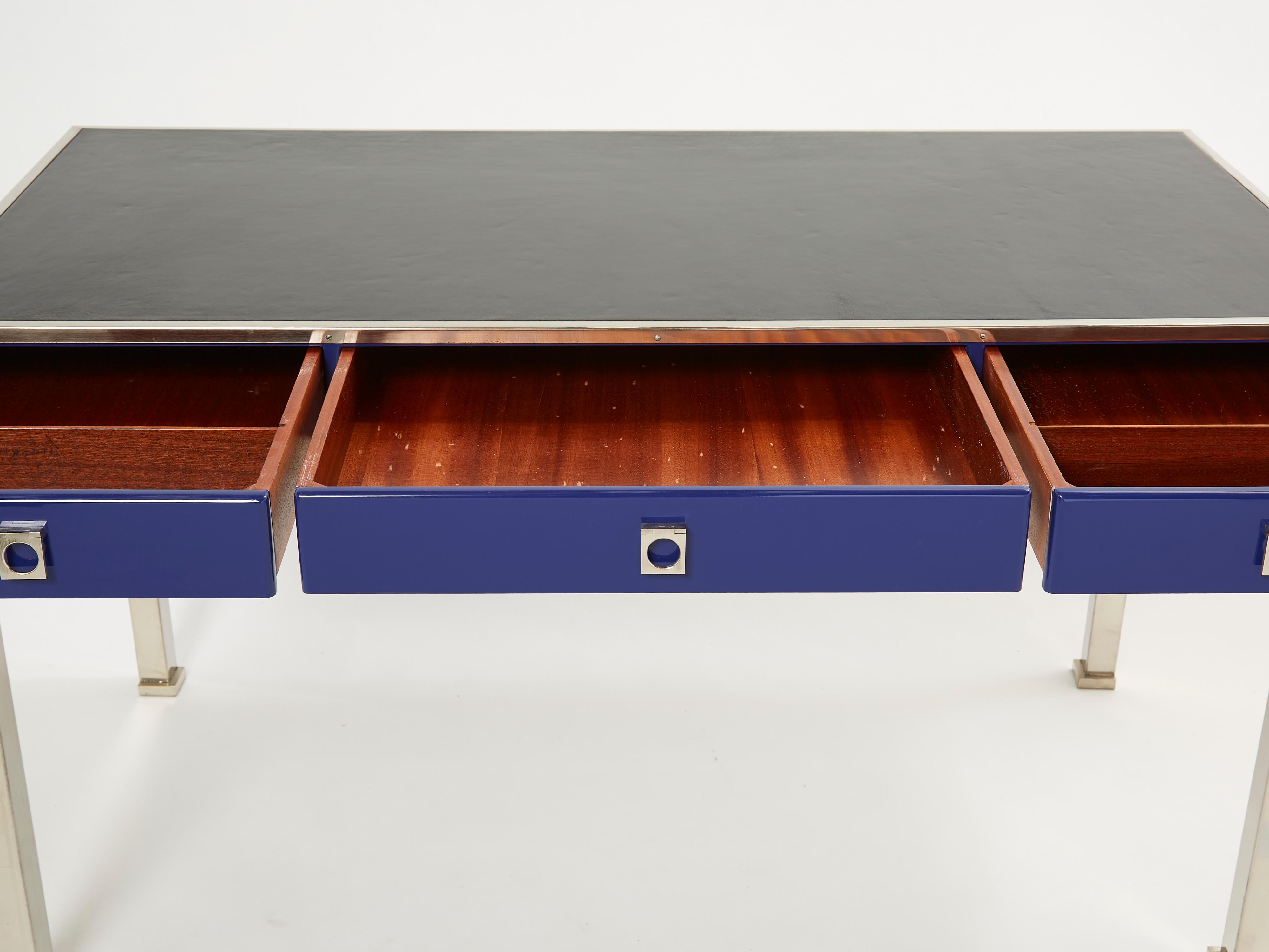 Desk Table Guy Lefevre Maison Jansen Blue Lacquer Steel Leather Top, 1970s 5