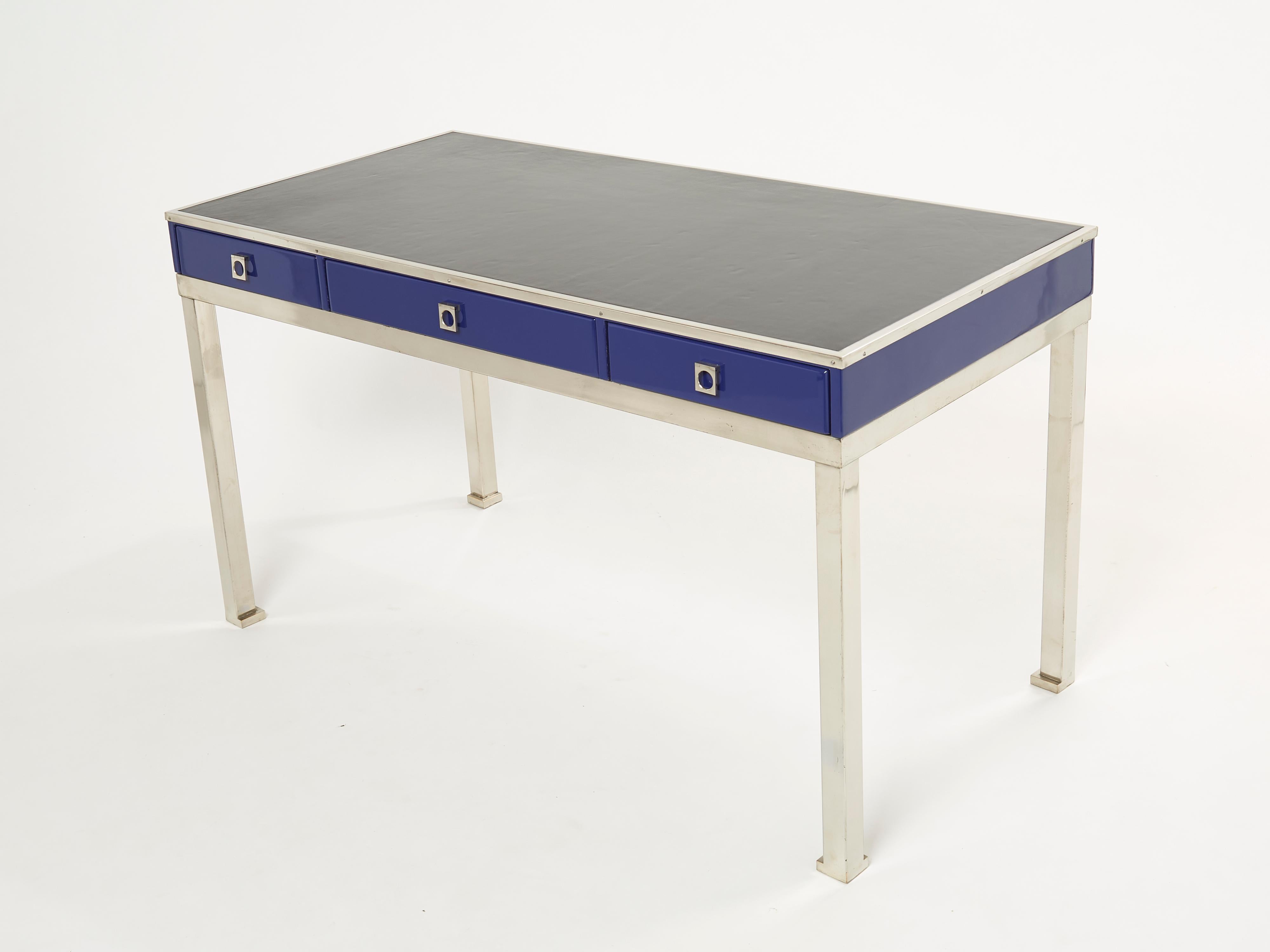 Mid-Century Modern Desk Table Guy Lefevre Maison Jansen Blue Lacquer Steel Leather Top, 1970s