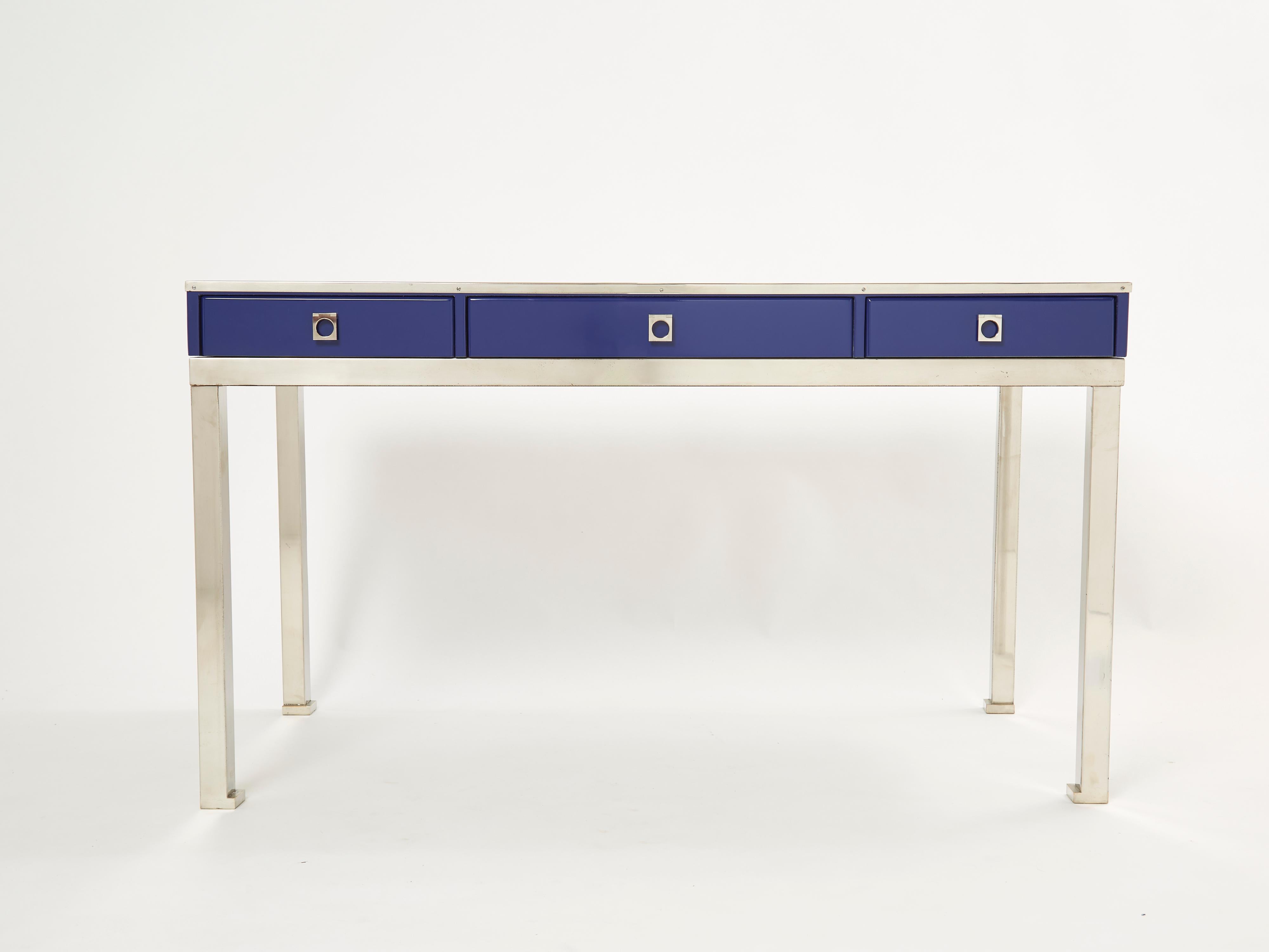 Desk Table Guy Lefevre Maison Jansen Blue Lacquer Steel Leather Top, 1970s 1