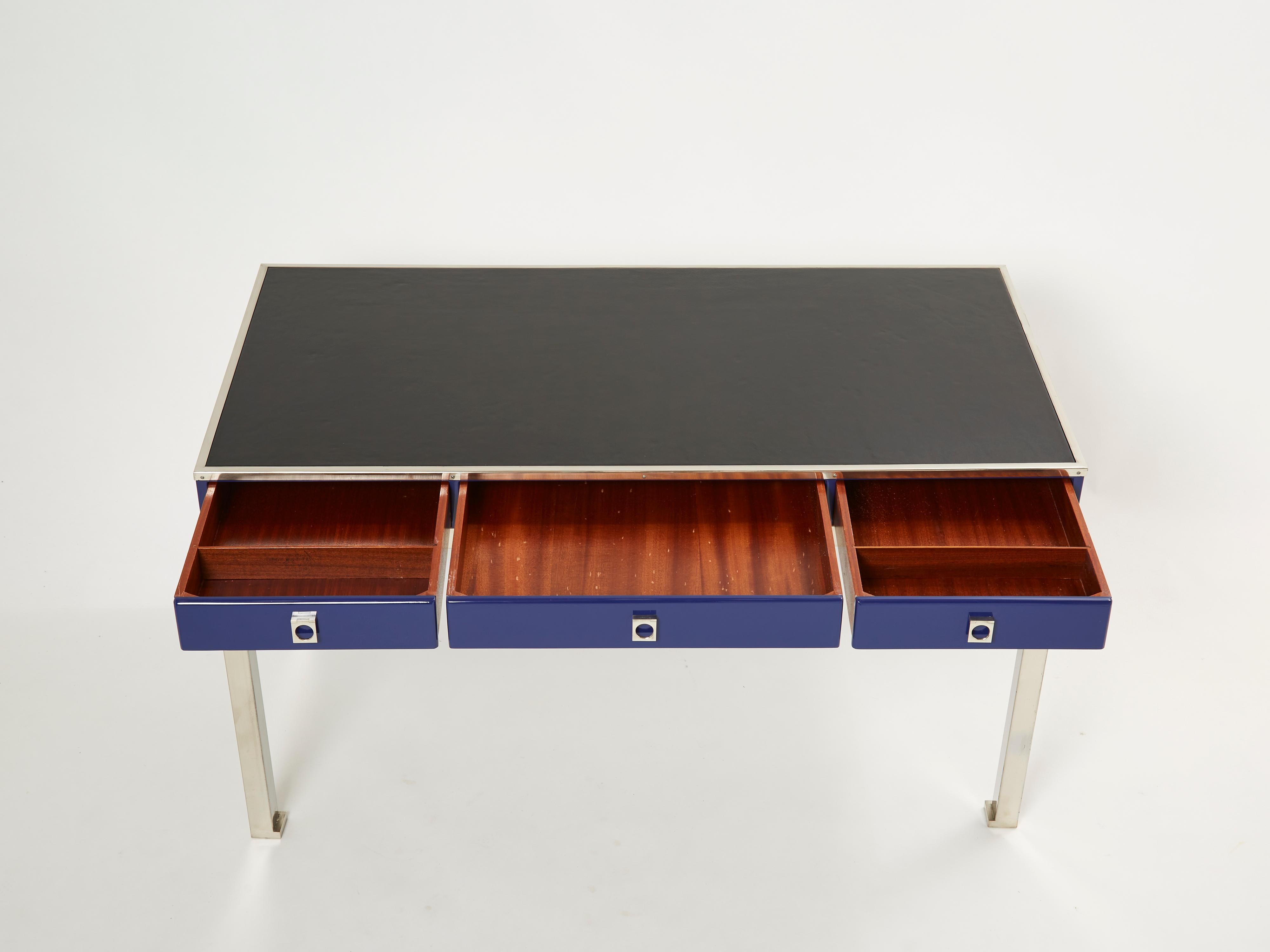 Desk Table Guy Lefevre Maison Jansen Blue Lacquer Steel Leather Top, 1970s 2