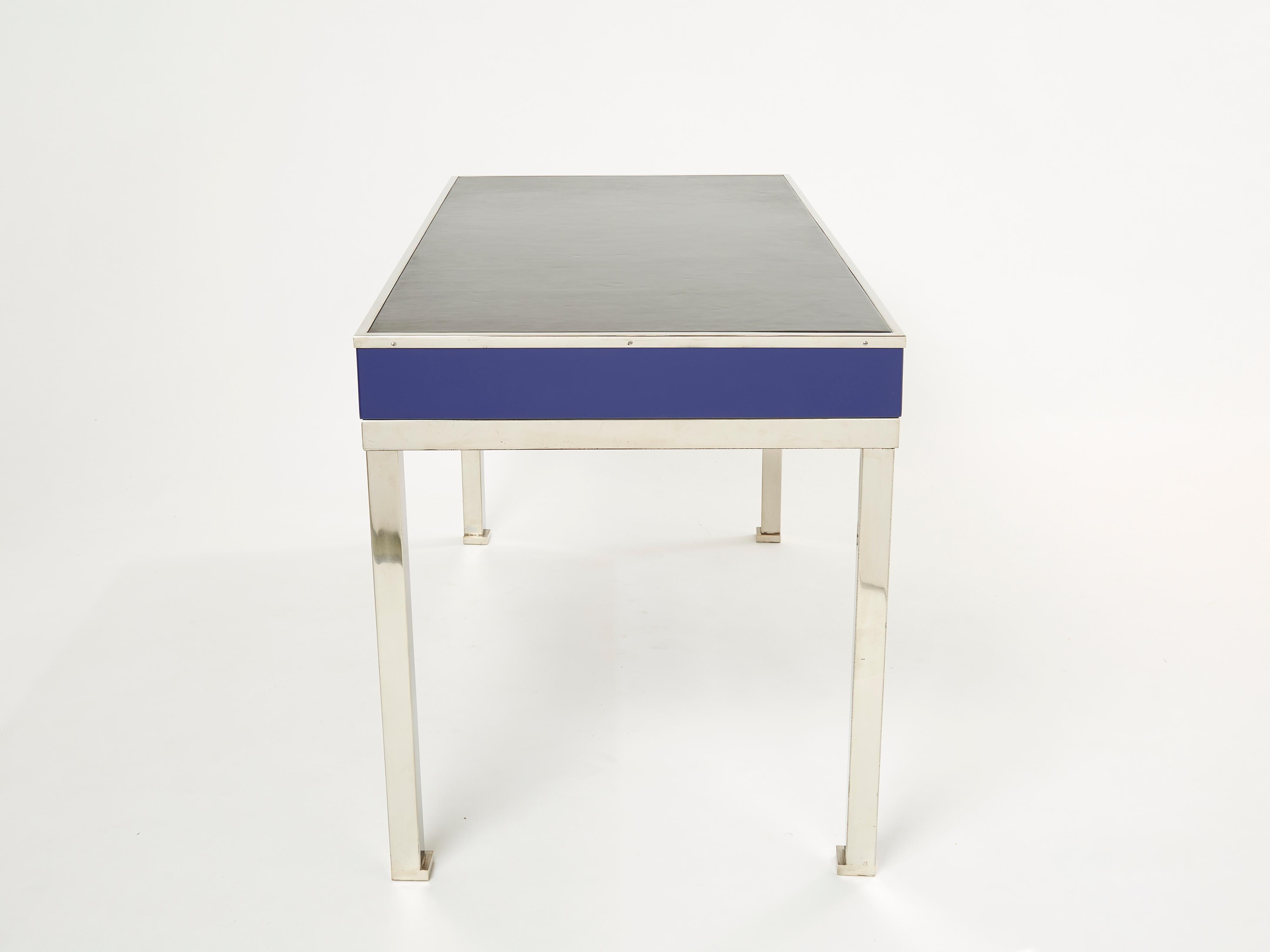 Desk Table Guy Lefevre Maison Jansen Blue Lacquer Steel Leather Top, 1970s 3