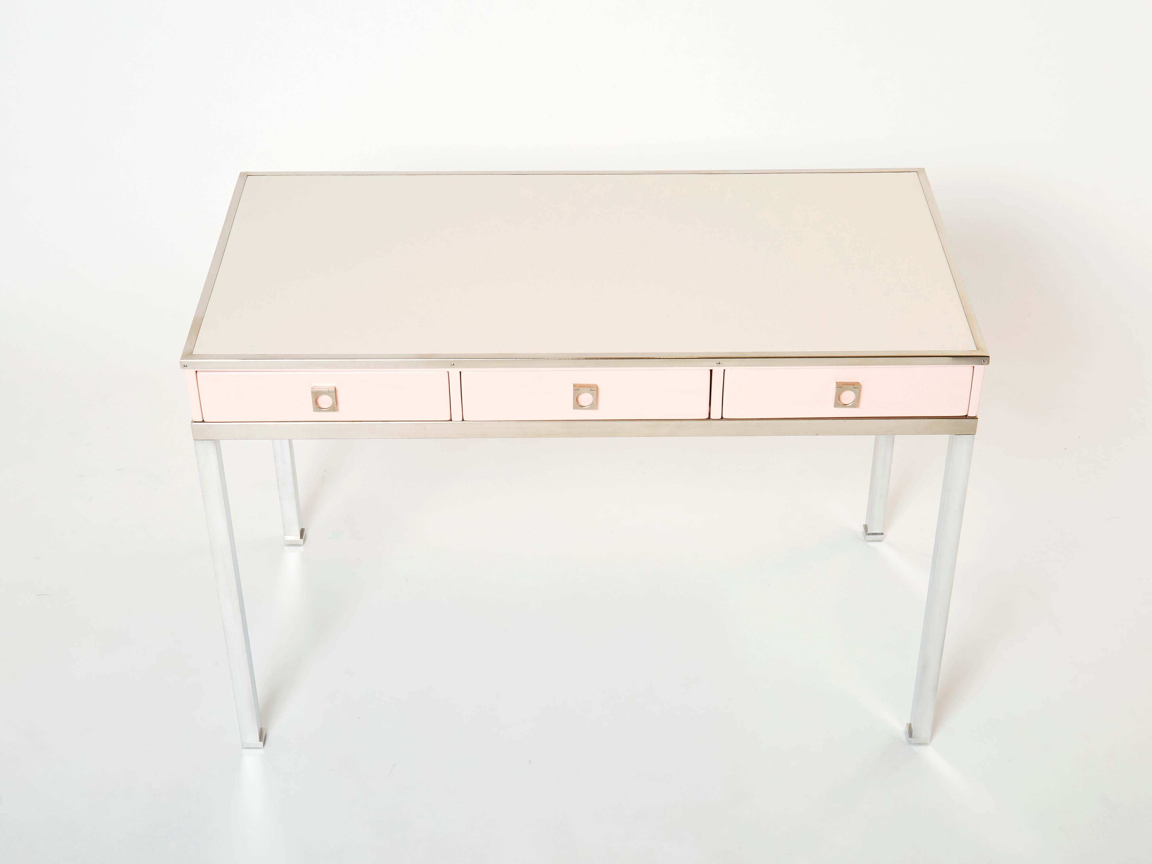 Mid-Century Modern Desk table Guy Lefevre Maison Jansen rose lacquer steel leather top 1970s