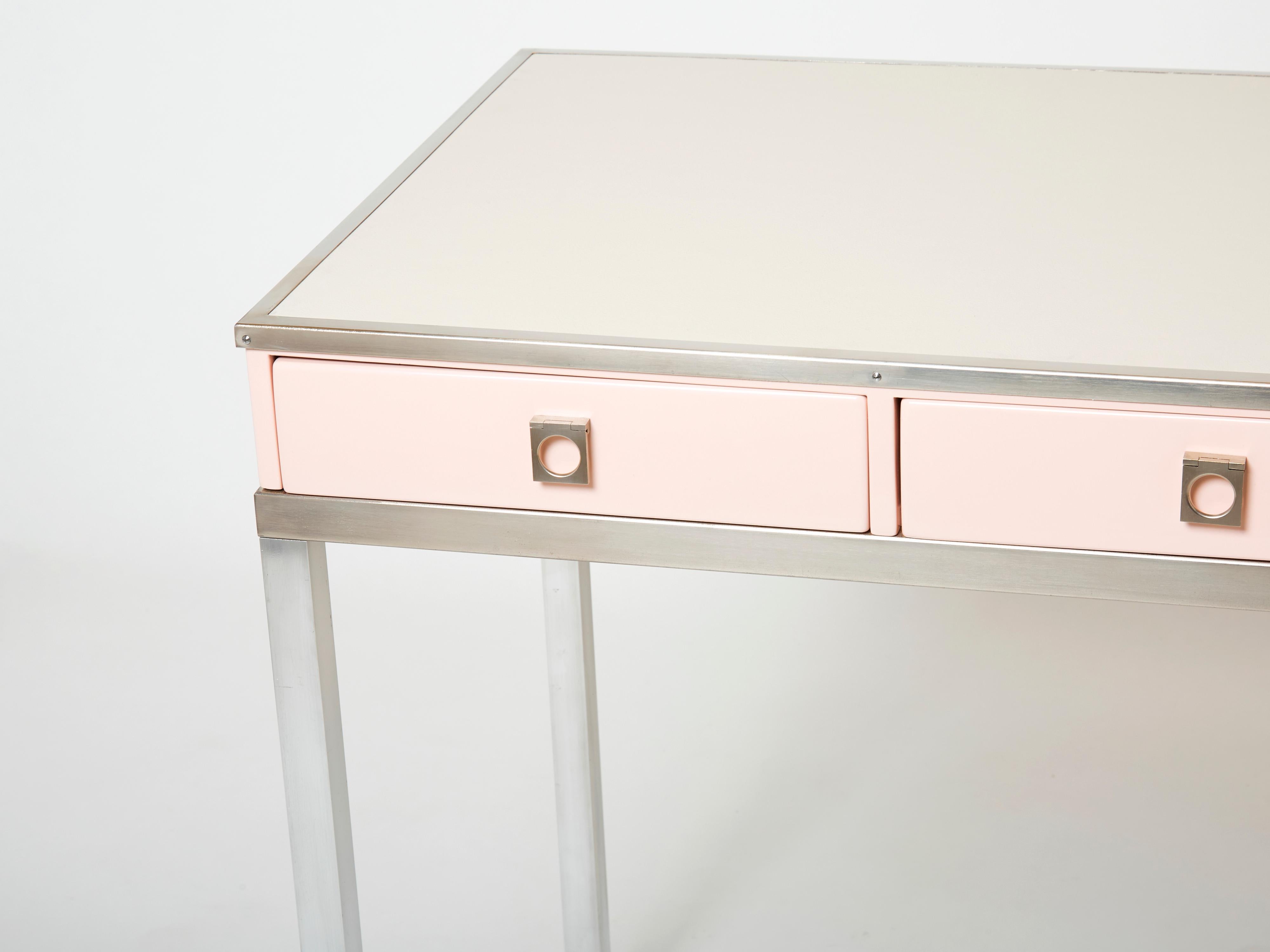 French Desk table Guy Lefevre Maison Jansen rose lacquer steel leather top 1970s