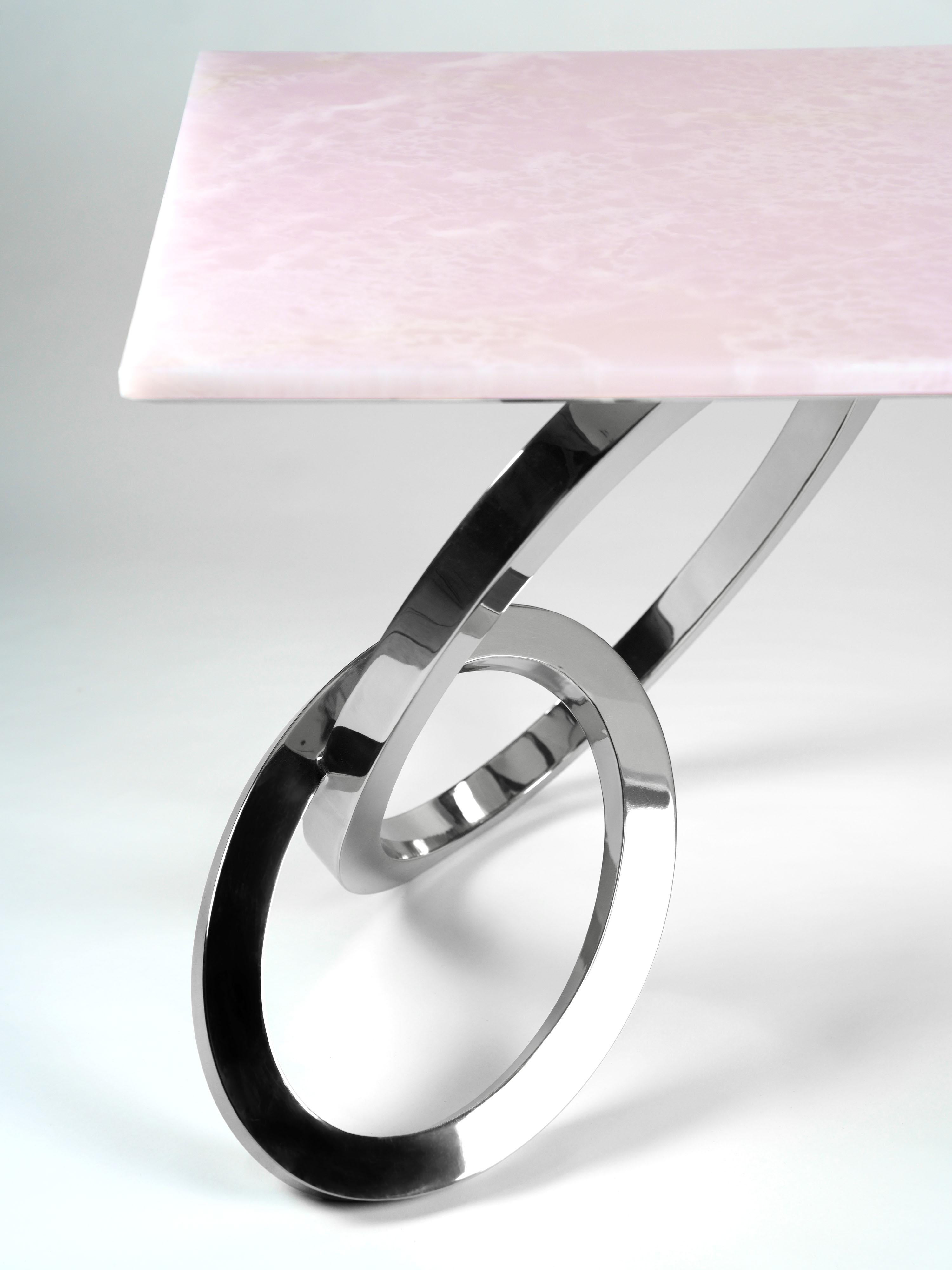 Schreibtisch Tisch Home Office Rosa Onyx Spiegel Polierter Stahl Sammlerstück Design Italien (Moderne) im Angebot