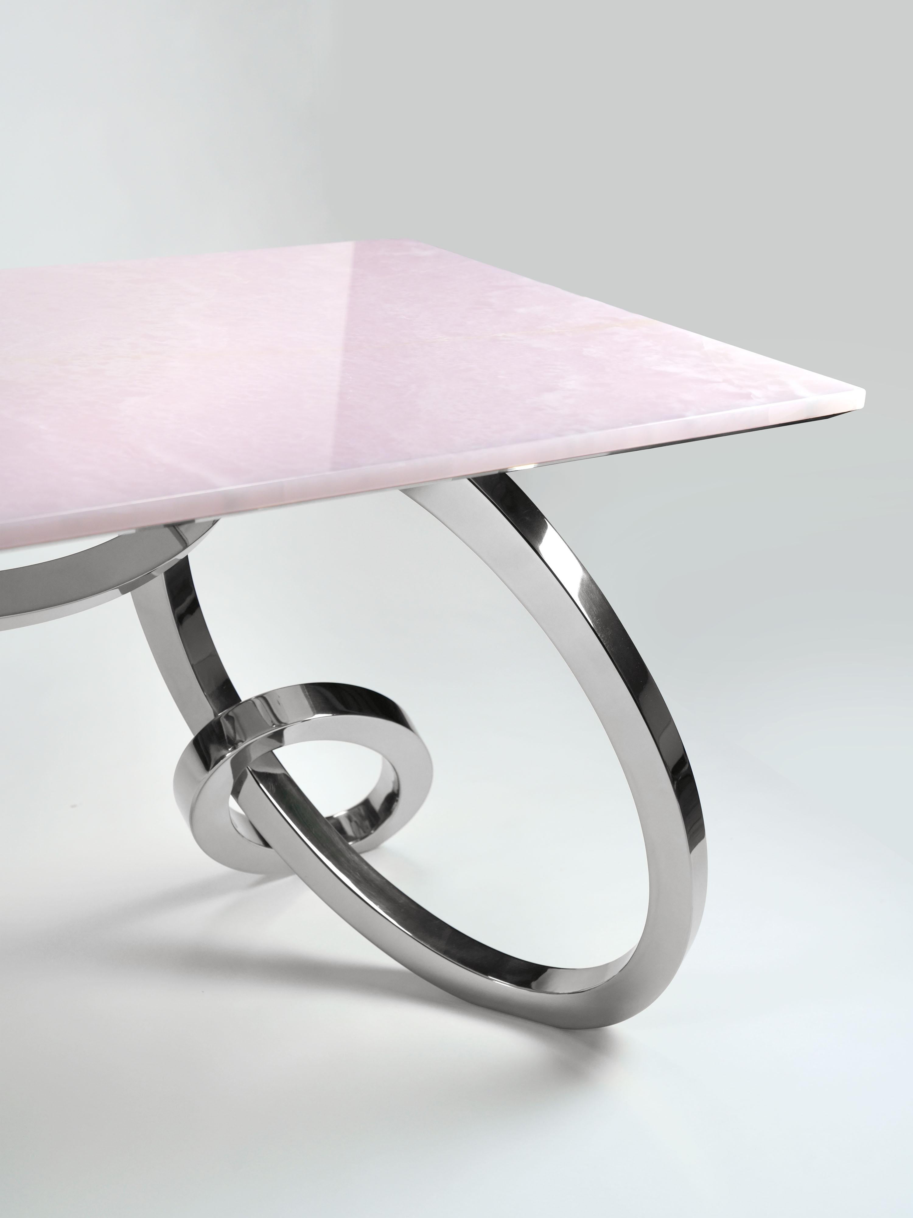 Schreibtisch Tisch Home Office Rosa Onyx Spiegel Polierter Stahl Sammlerstück Design Italien (Italienisch) im Angebot