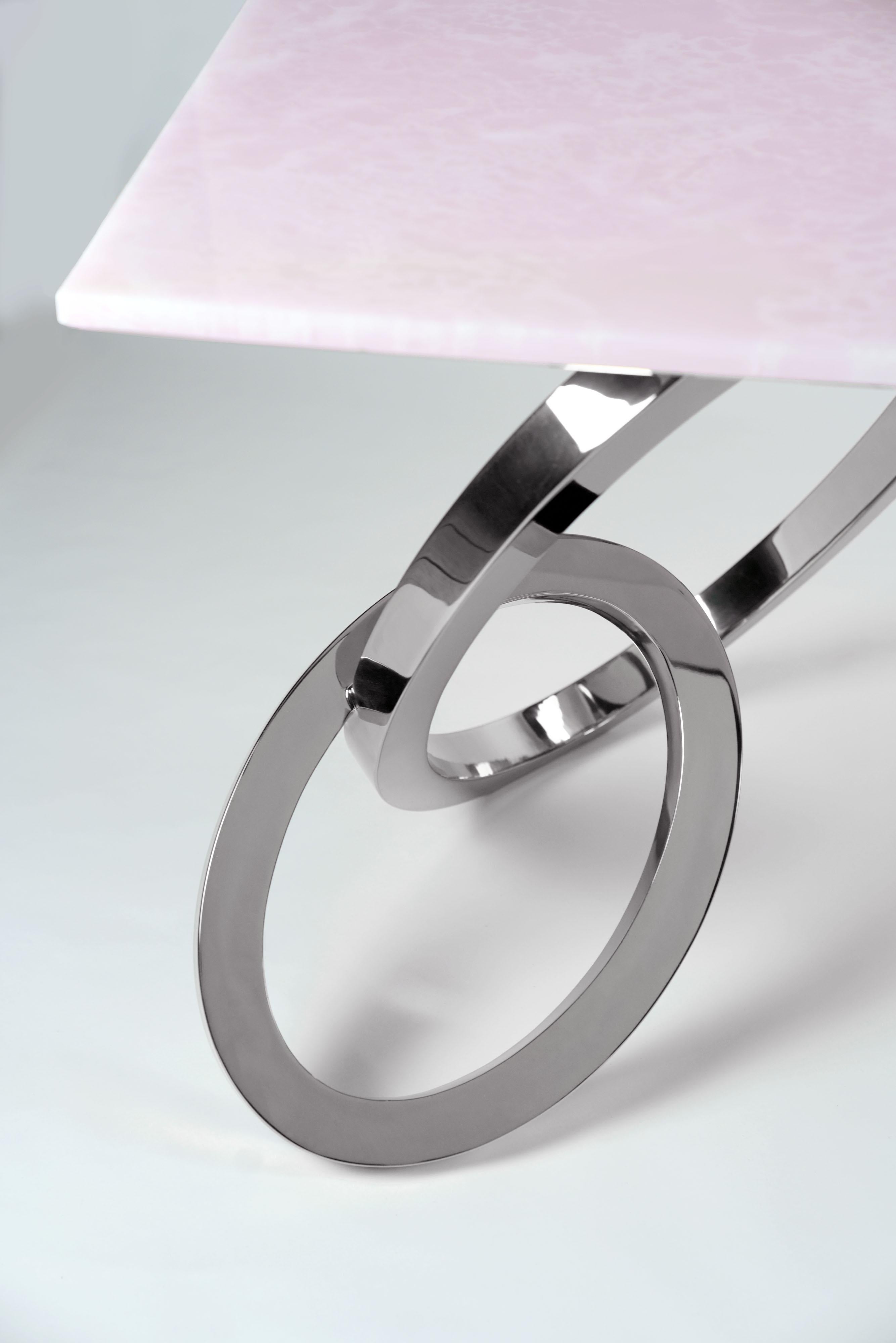 Schreibtisch Tisch Home Office Rosa Onyx Spiegel Polierter Stahl Sammlerstück Design Italien im Zustand „Neu“ im Angebot in Ancona, Marche