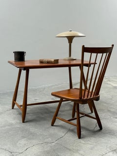 DESK TABLE IN SOLID WOOD WITH SPINDLE BACK CHAIR 1950s