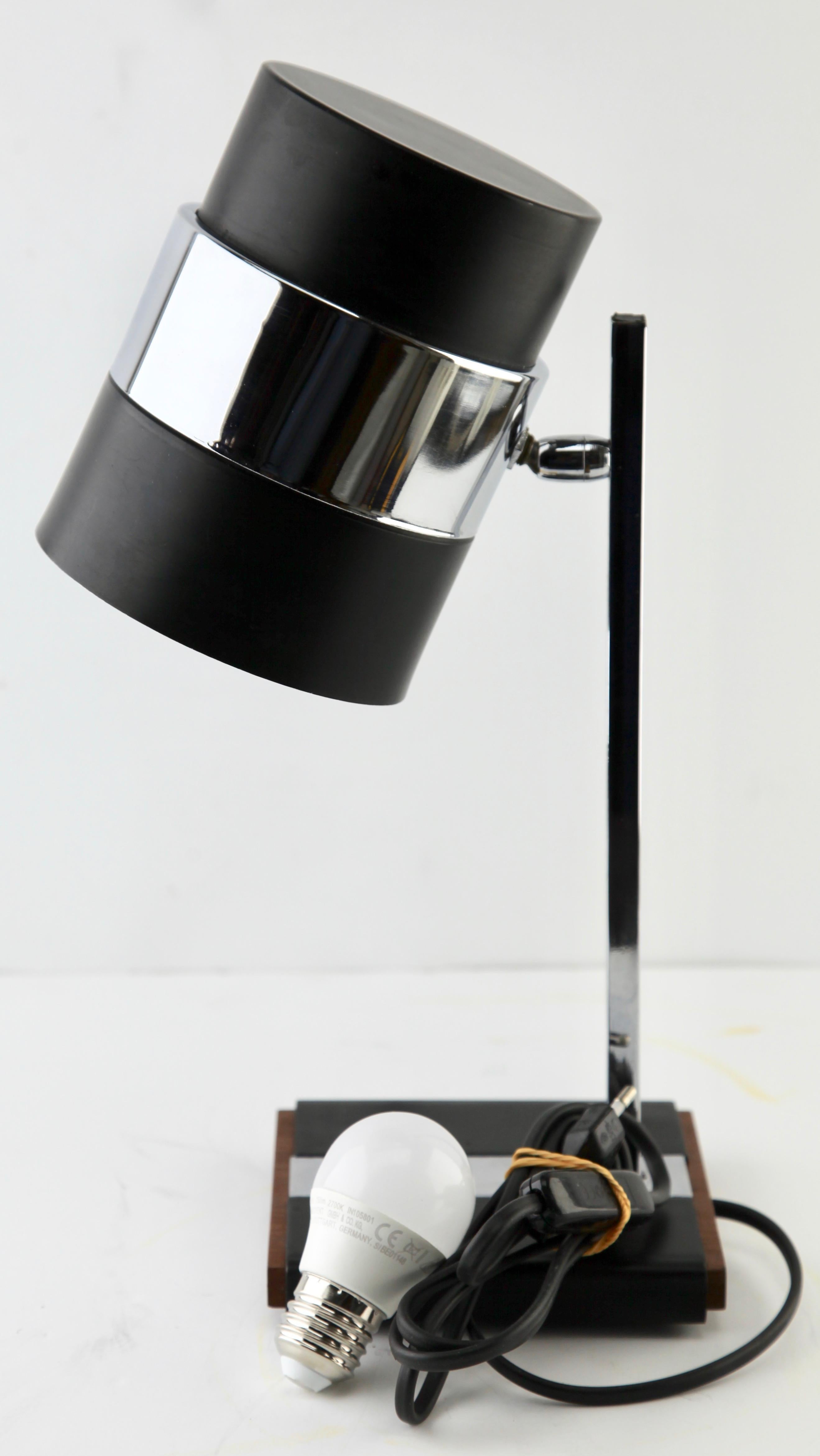 Machine-Made Desk / Table Lamp Metal Flex Shade and Chrome Mount, Base with a Wooden Detail For Sale