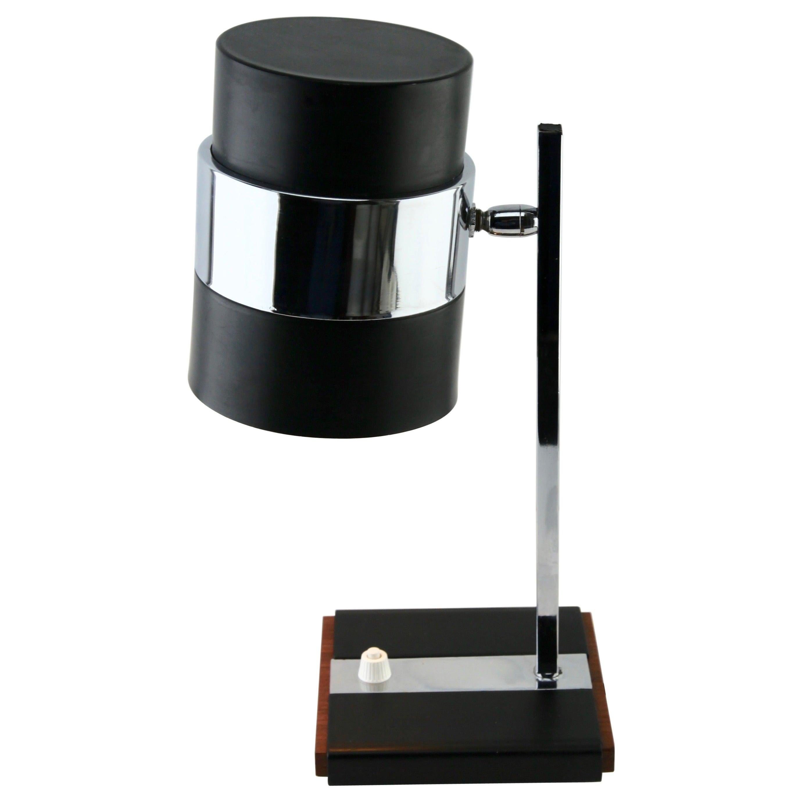 Desk / Table Lamp Metal Flex Shade and Chrome Mount, Base with a Wooden Detail For Sale