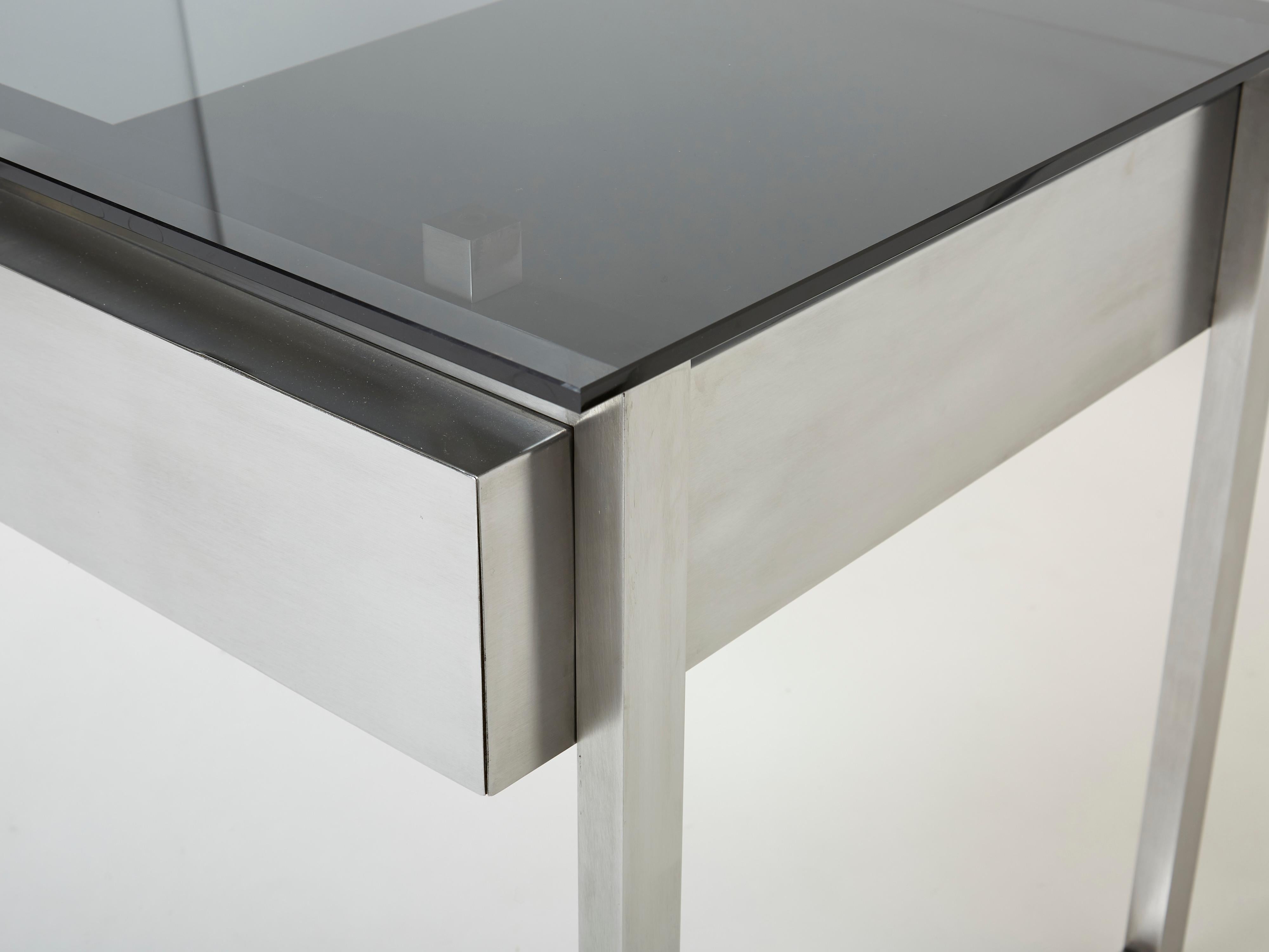 Desk table Patrice Maffei for Kappa brushed steel smoked glass 1970  For Sale 3