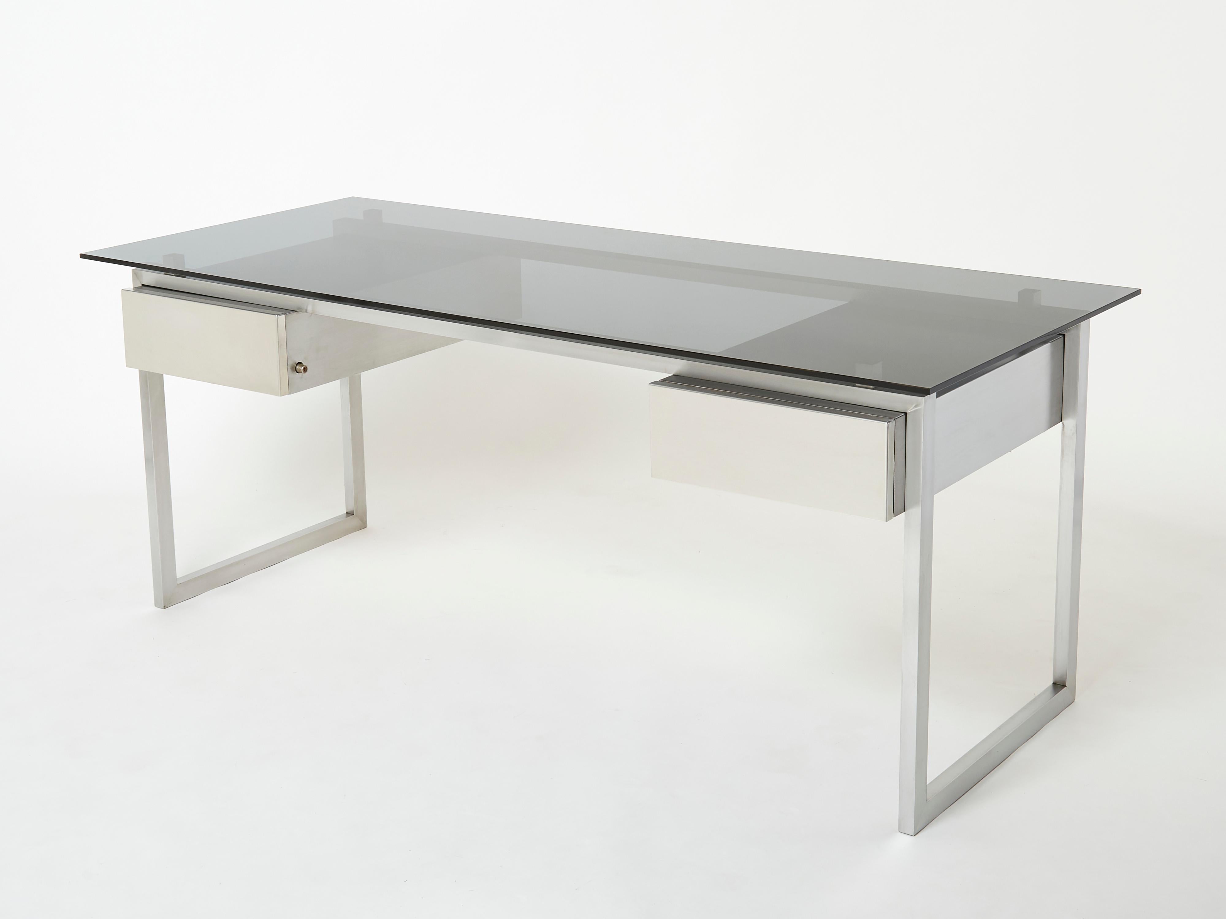 Mid-Century Modern Desk table Patrice Maffei for Kappa brushed steel smoked glass 1970  For Sale