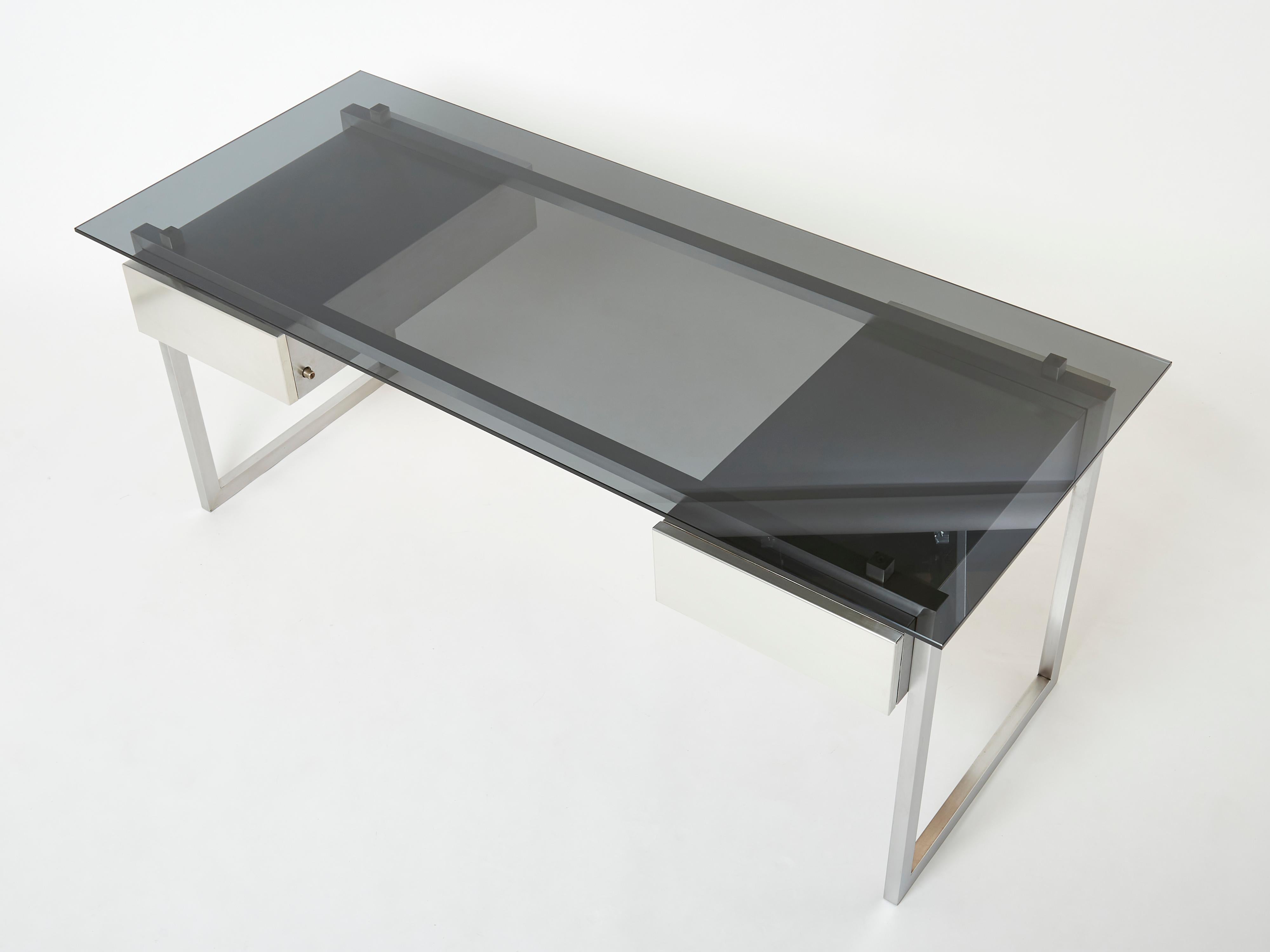 French Desk table Patrice Maffei for Kappa brushed steel smoked glass 1970  For Sale