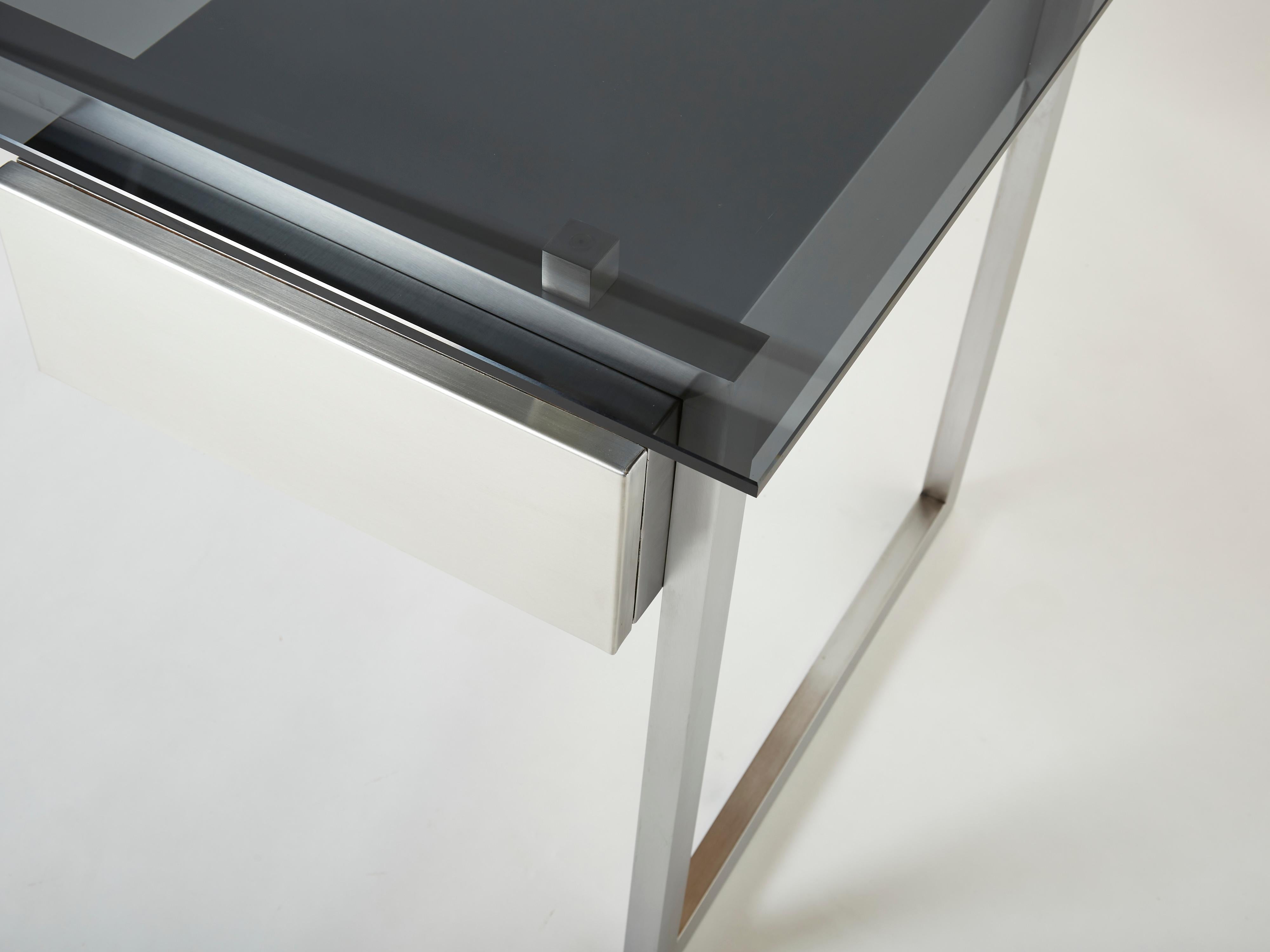 Desk table Patrice Maffei for Kappa brushed steel smoked glass 1970  In Good Condition For Sale In Paris, IDF