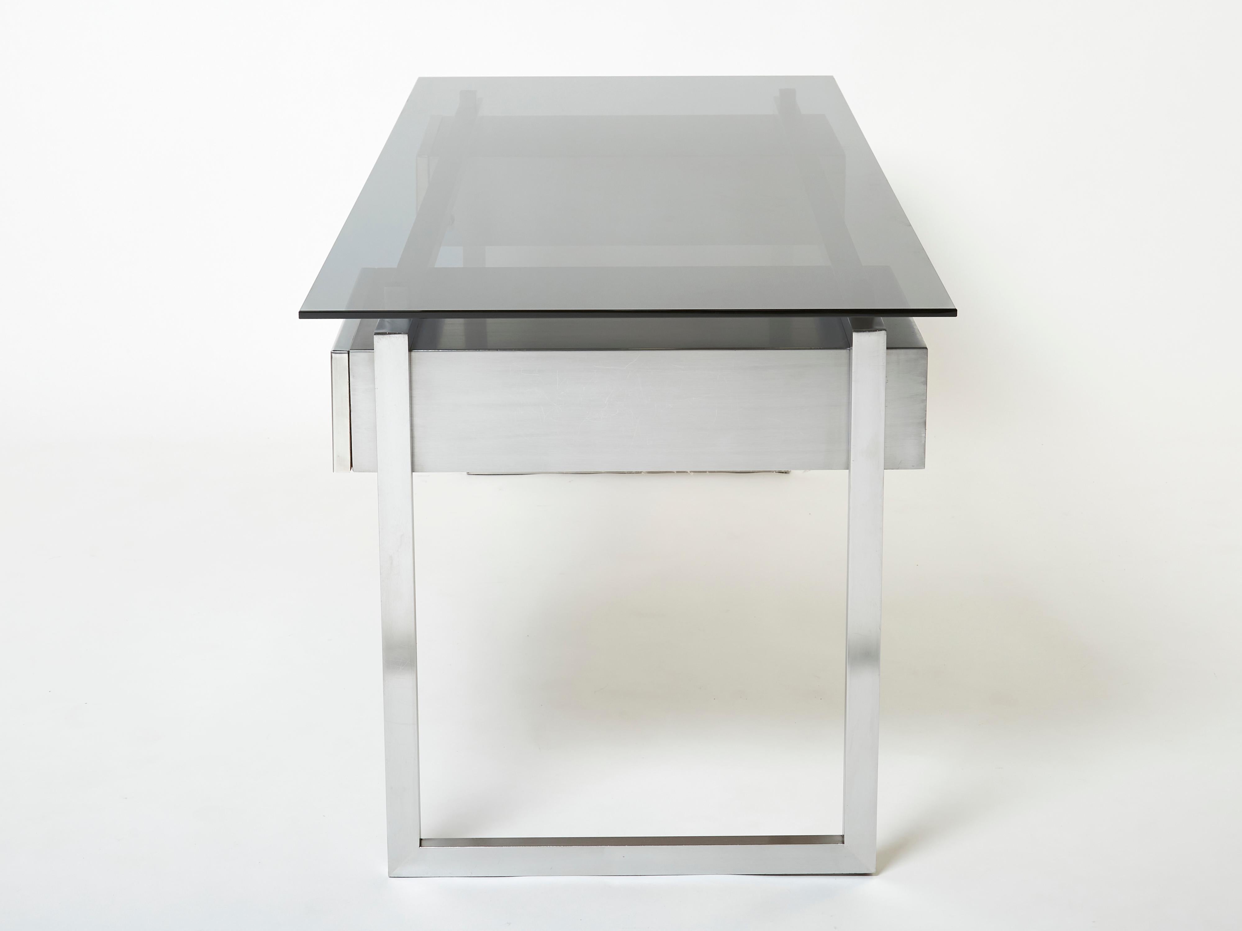 Steel Desk table Patrice Maffei for Kappa brushed steel smoked glass 1970  For Sale