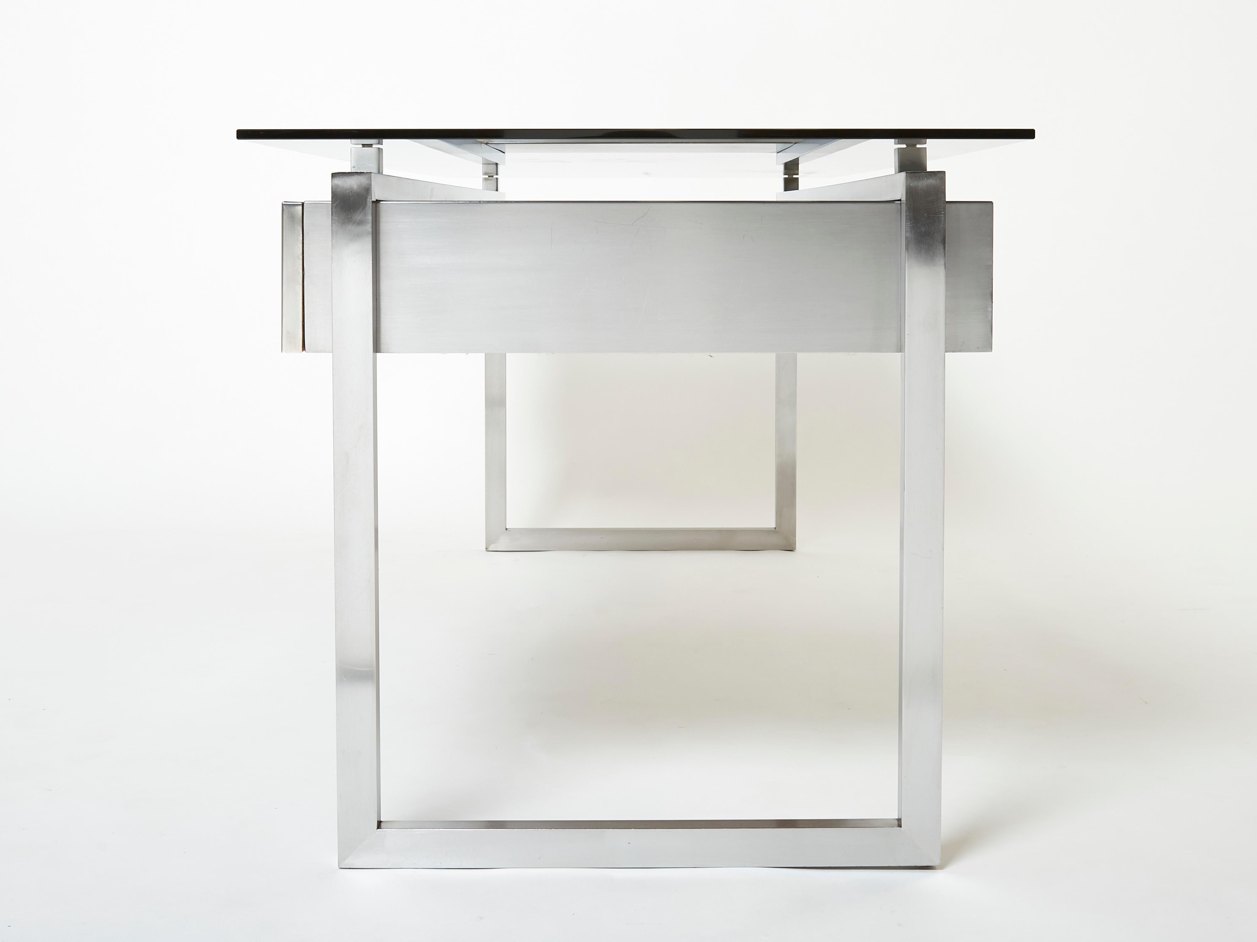 Mesa de escritorio Patrice Maffei para Kappa acero cepillado cristal ahumado 1970 en venta 1