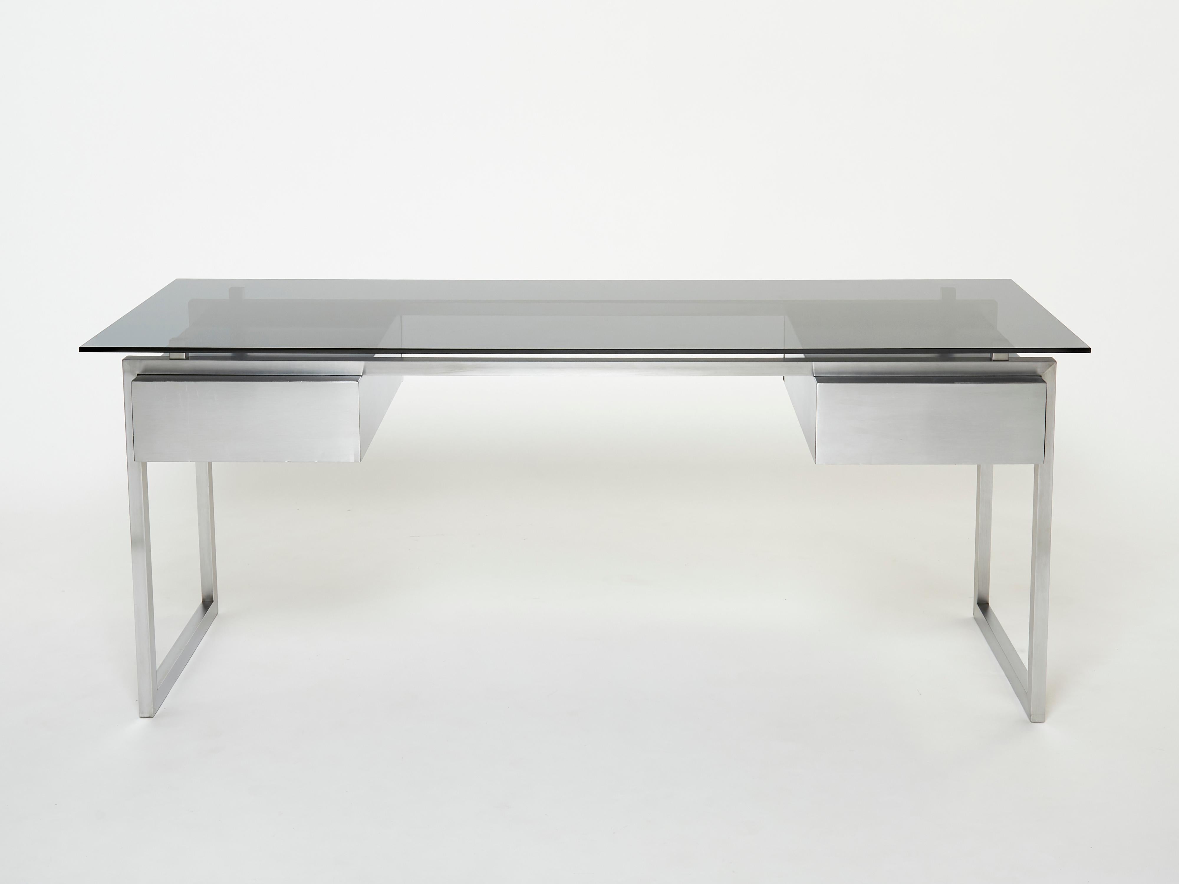 Desk table Patrice Maffei for Kappa brushed steel smoked glass 1970  For Sale 2
