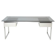 Desk table Patrice Maffei for Kappa brushed steel smoked glass 1970 