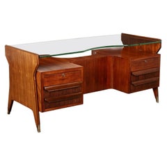 Desk Veneered Wood Brass Glass Italy 1950s