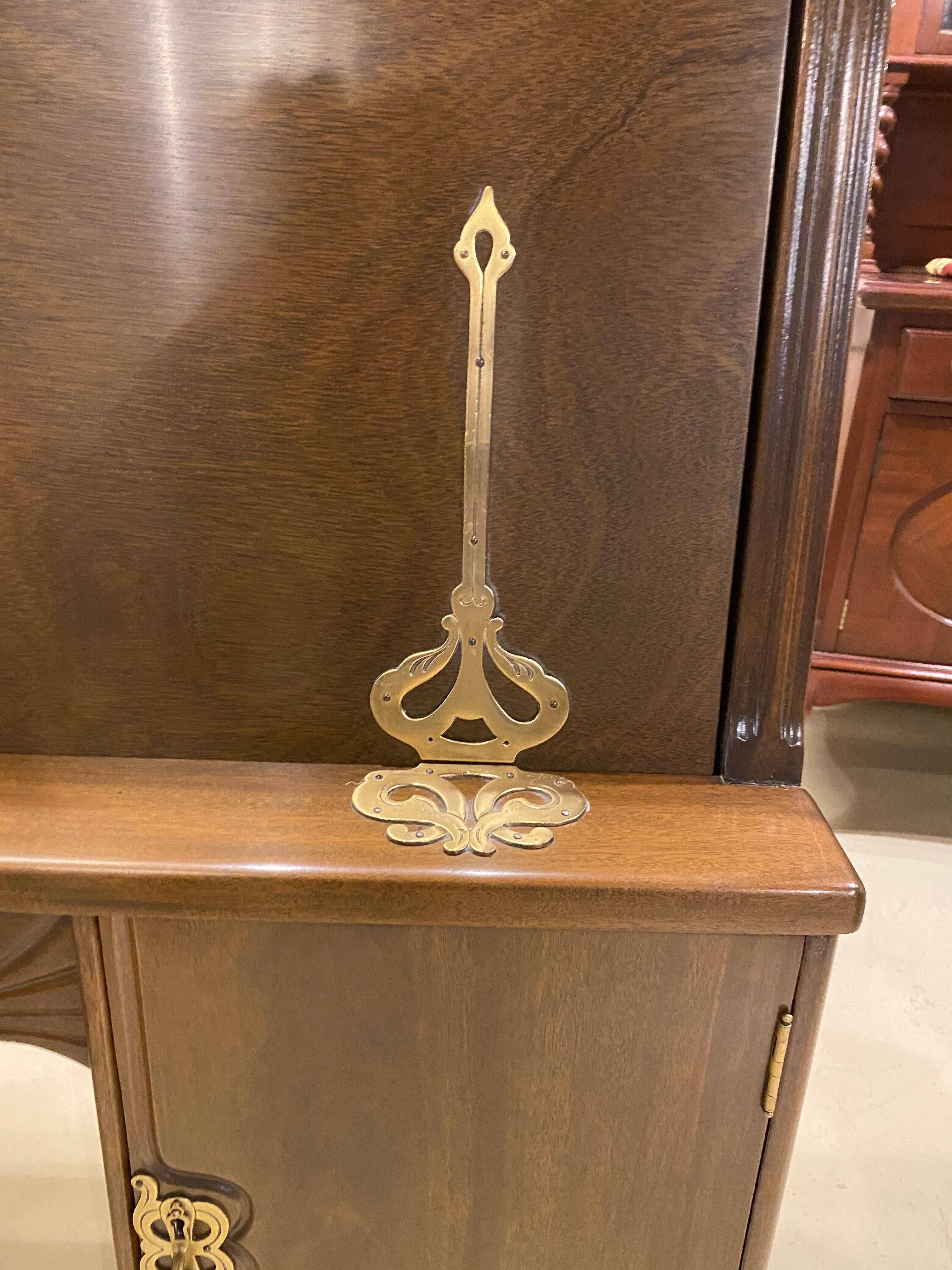 20th Century Desk Walnut Art Nouveau with Brass Fittings, Fitted Interior, with Brass Accents For Sale