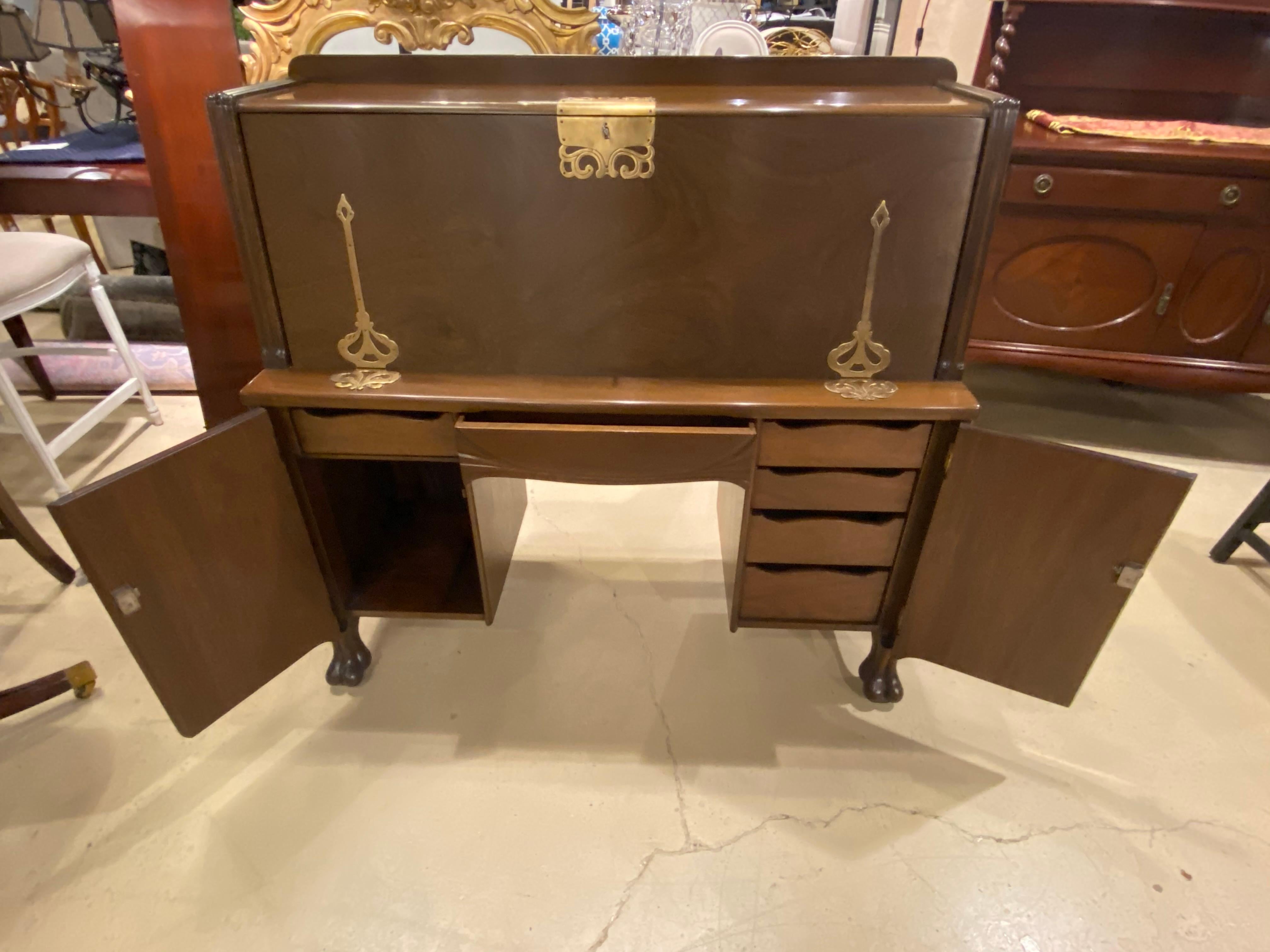 Desk Walnut Art Nouveau with Brass Fittings, Fitted Interior, with Brass Accents For Sale 3