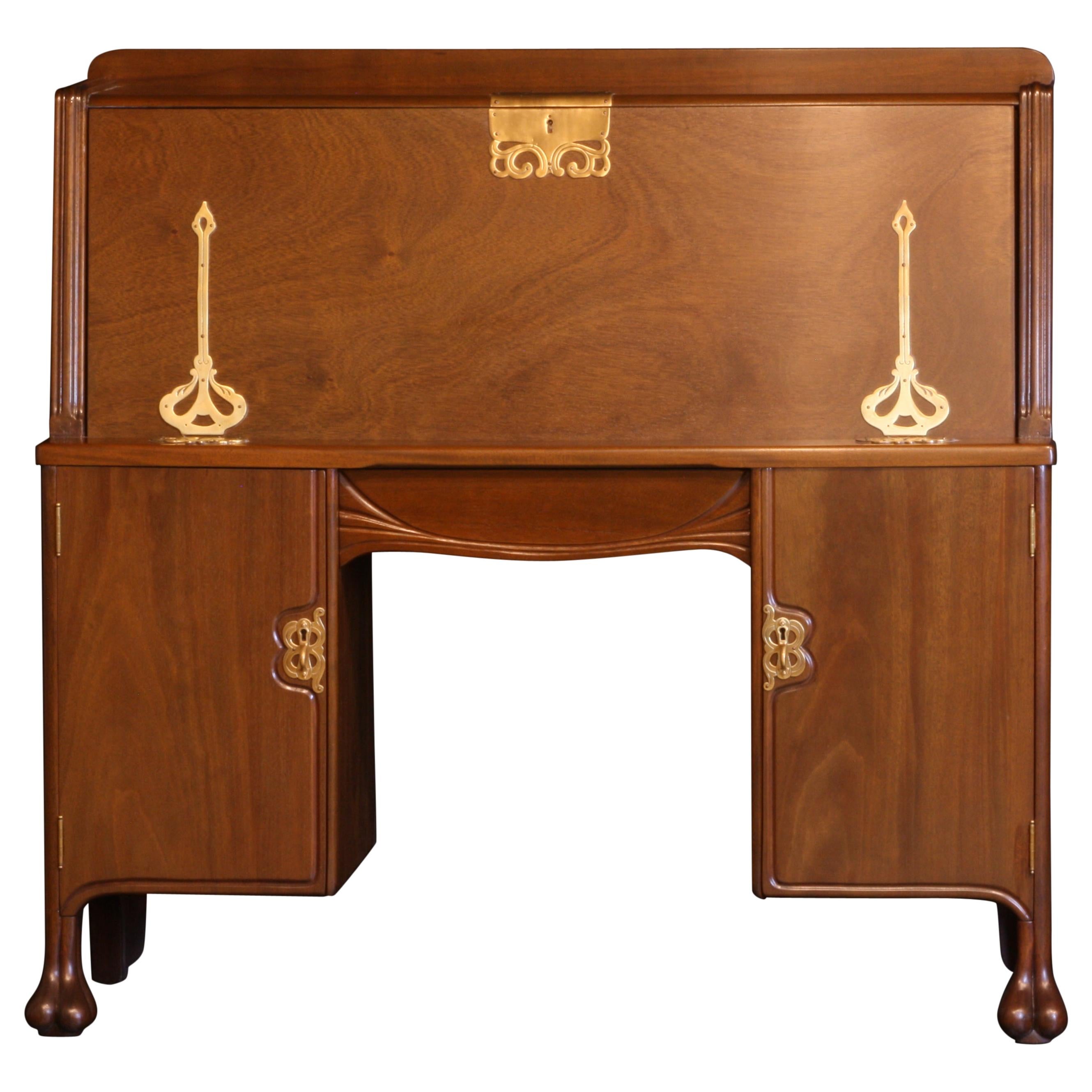 Desk Walnut Art Nouveau with Brass Fittings, Fitted Interior, with Brass Accents