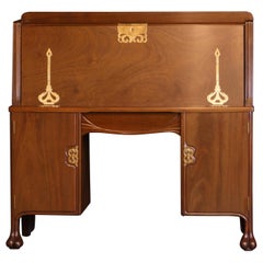 Desk Walnut Art Nouveau with Brass Fittings, Fitted Interior, with Brass Accents